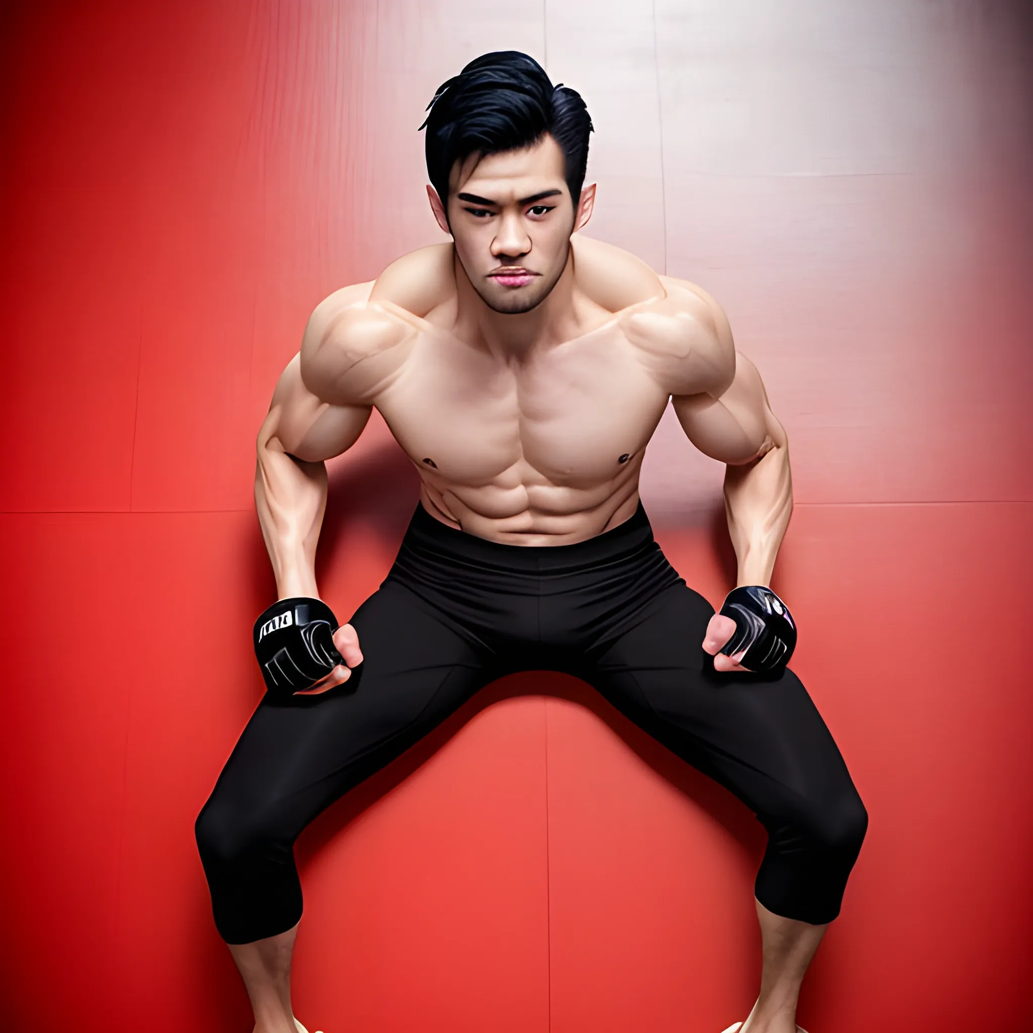 handsome men,  black hair, good hand, 4k, best quality, sharp focus, soft lighting, skinny,  1men, ideal body, training body, slim fit, view from above, medium, short pant, UFC fighter pose, face recronstruction, face advanced, face detail, negative_hand-neg:1.2, 
