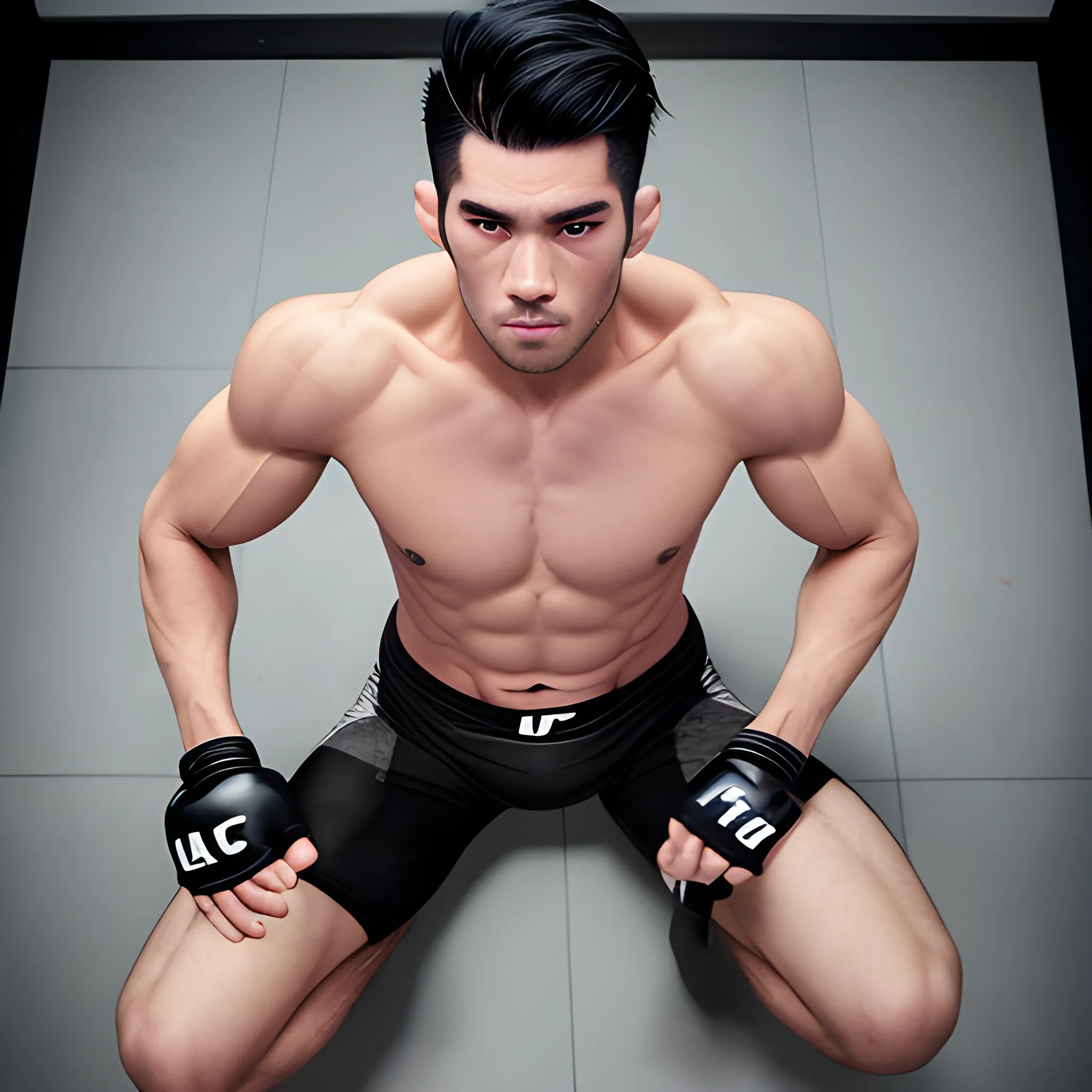 handsome men,  black hair, good hand, 4k, best quality, sharp focus, soft lighting, skinny,  1men, ideal body, training body, slim fit, view from above, medium, short pant, UFC fighter pose, face recronstruction, face advanced, face detail, negative_hand-neg:1.2, 
