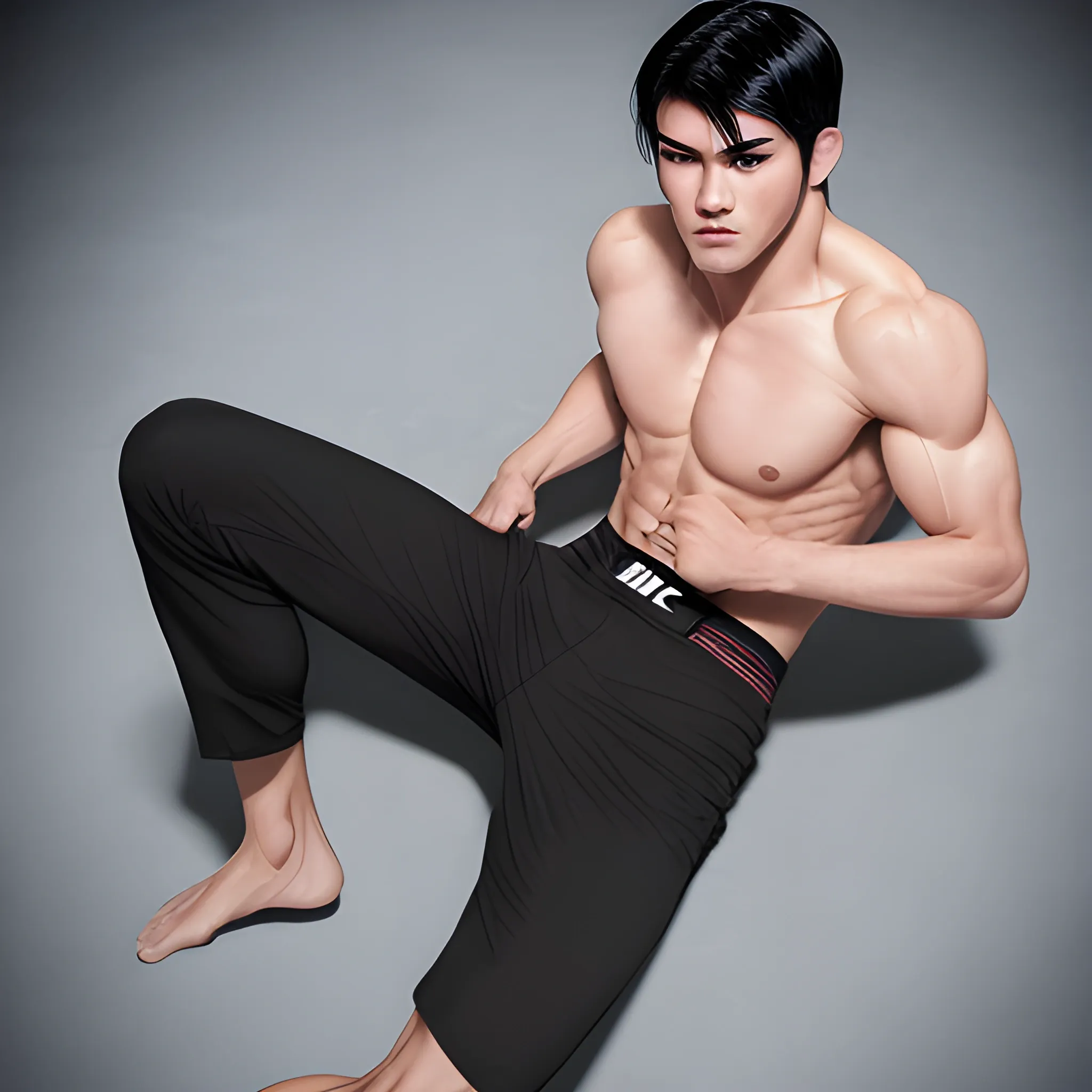 handsome men,  black hair, good hand, 4k, best quality, sharp focus, soft lighting, skinny,  1men, ideal body, training body, slim fit, view from above, medium, short pant, UFC fighter pose, face recronstruction, face advanced, face detail, negative_hand-neg:1.2, 
