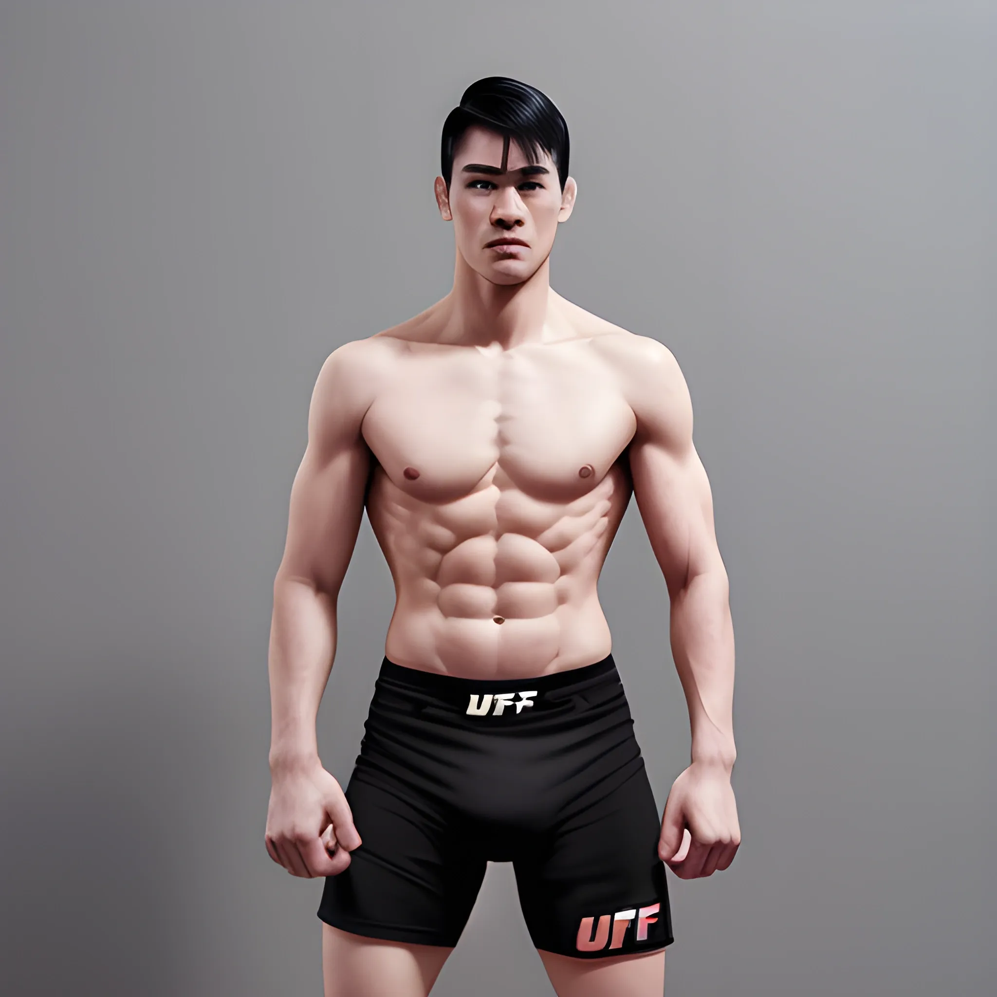 handsome men,  black hair, good hand, 4k, best quality, sharp focus, soft lighting, skinny,  1men, ideal body, training body, slim fit, view from above, medium, short pant, UFC fighter pose, KO pose, face recronstruction, face advanced, face detail, negative_hand-neg:1.2, 
