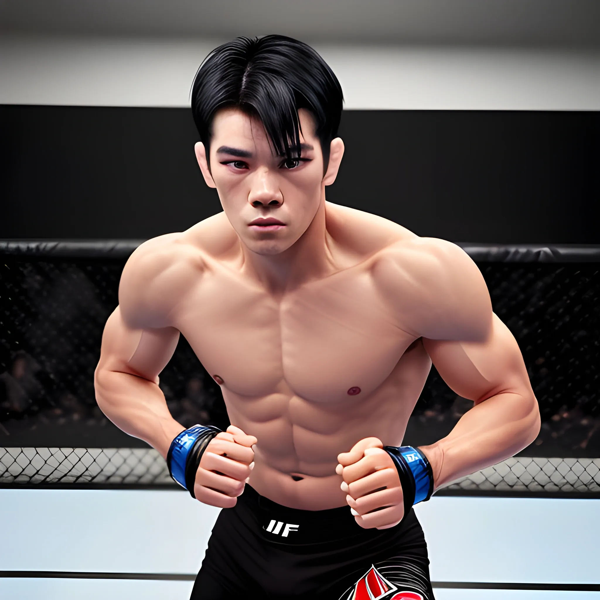 handsome men,  black hair, good hand, 4k, best quality, sharp focus, soft lighting, skinny,  1men, ideal body, training body, slim fit, view from above, medium, short pant, UFC fighter pose, KO pose, face advanced, face detail, negative_hand-neg:1.2, 
