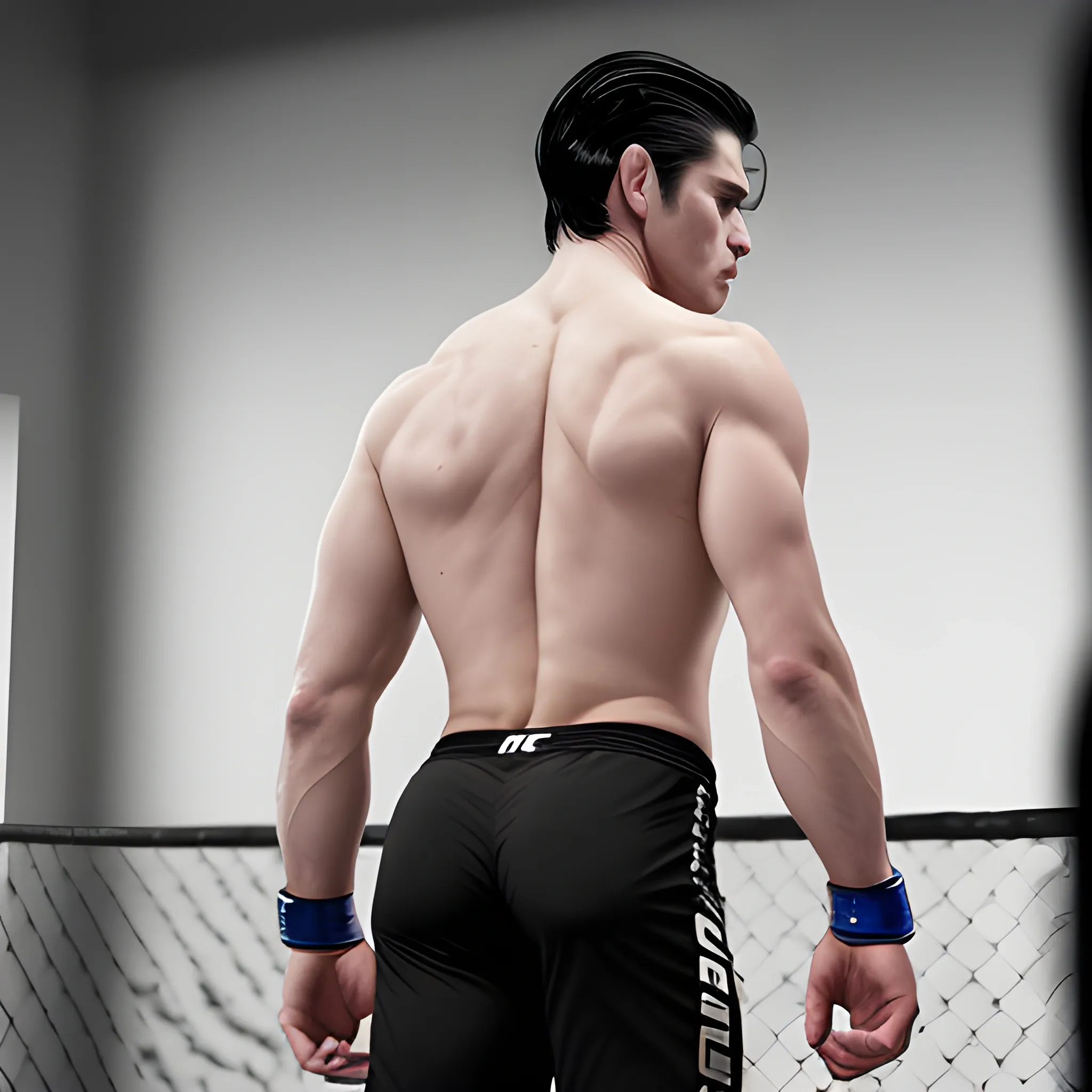 handsome white men,  black hair, good hand, 4k, best quality, sharp focus, soft lighting, skinny,  1men, ideal body, training body, slim fit, view from back, medium, short pant, UFC fighter pose, face advanced, face detail, negative_hand-neg:1.2, 
