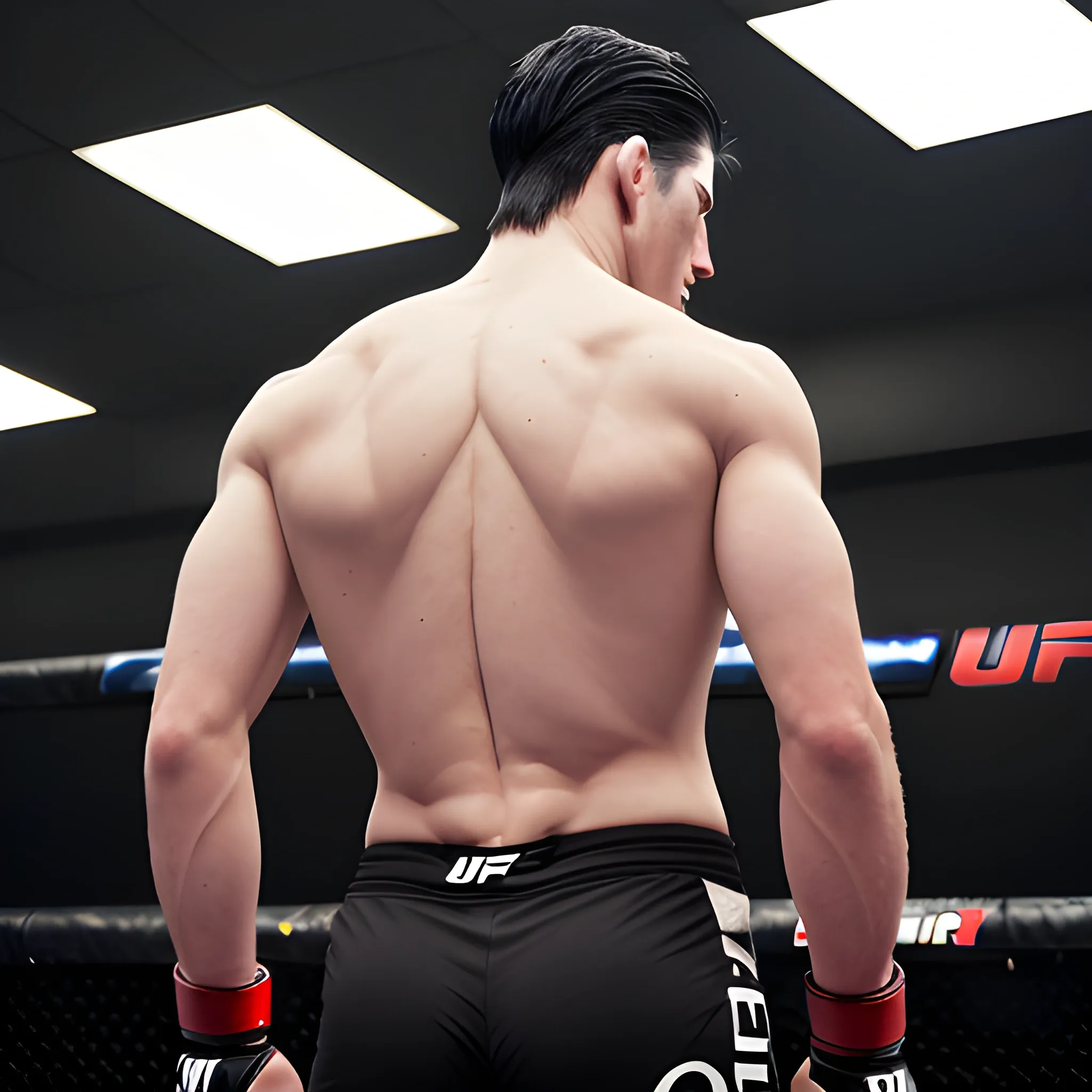 handsome white men,  black hair, good hand, 4k, best quality, sharp focus, soft lighting, skinny,  1men, ideal body, training body, slim fit, view from back, medium, short pant, UFC fighter pose, face advanced, face detail, negative_hand-neg:1.2, 
