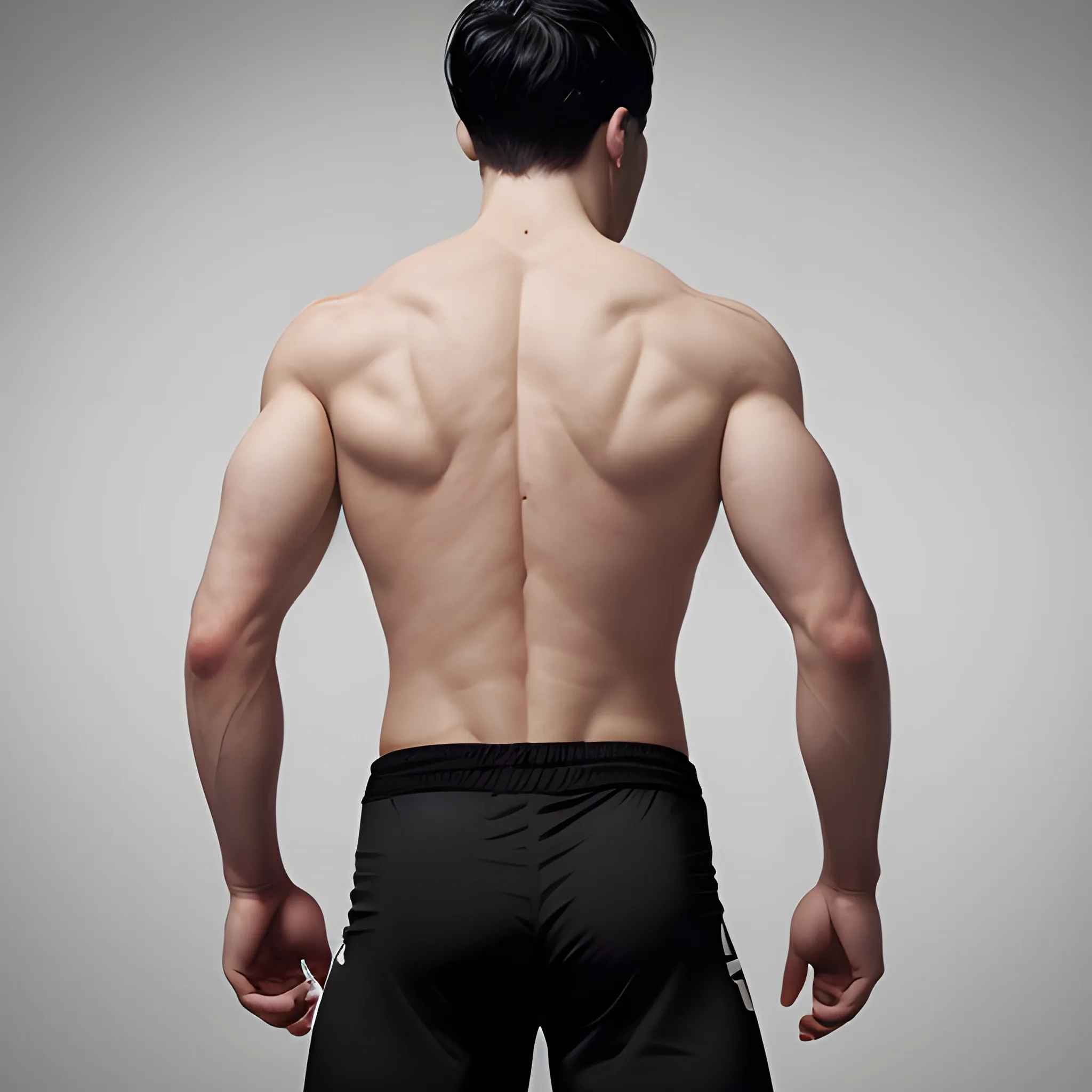 handsome white men,  black hair, good hand, 4k, best quality, sharp focus, soft lighting, skinny,  1men, ideal body, training body, slim fit, view from back, medium, short pant, UFC fighter pose, face advanced, face detail, negative_hand-neg:1.2, 
