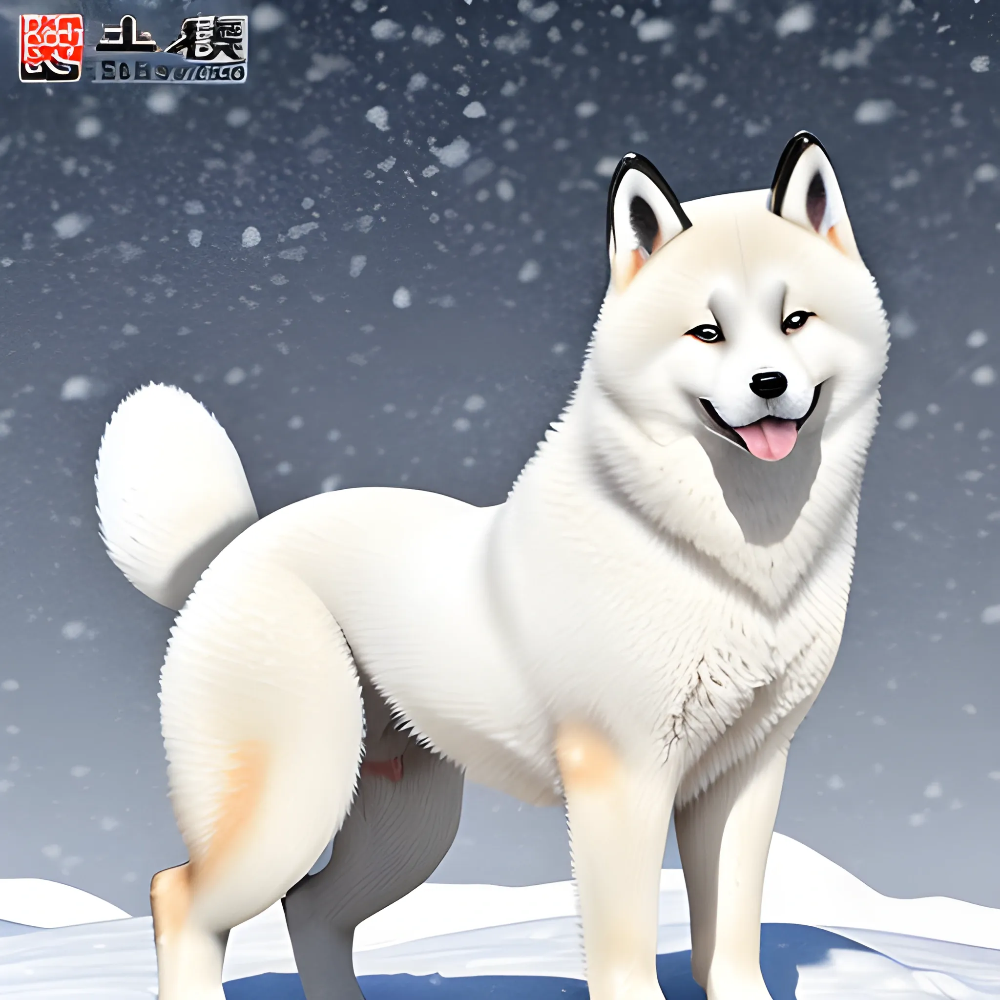 Japanese Akita inu, large and robust, well-balanced physique, a broad head, small almond-shaped eyes, erect triangular ears, dense white double coat, a strong and straight frame, tail is thick and carried over the back, exudes strength, snow, HD, photograph, photorealistic, Detailed and Intricate, masterpiece, <lora:greyfox:0.6>,, Water Color