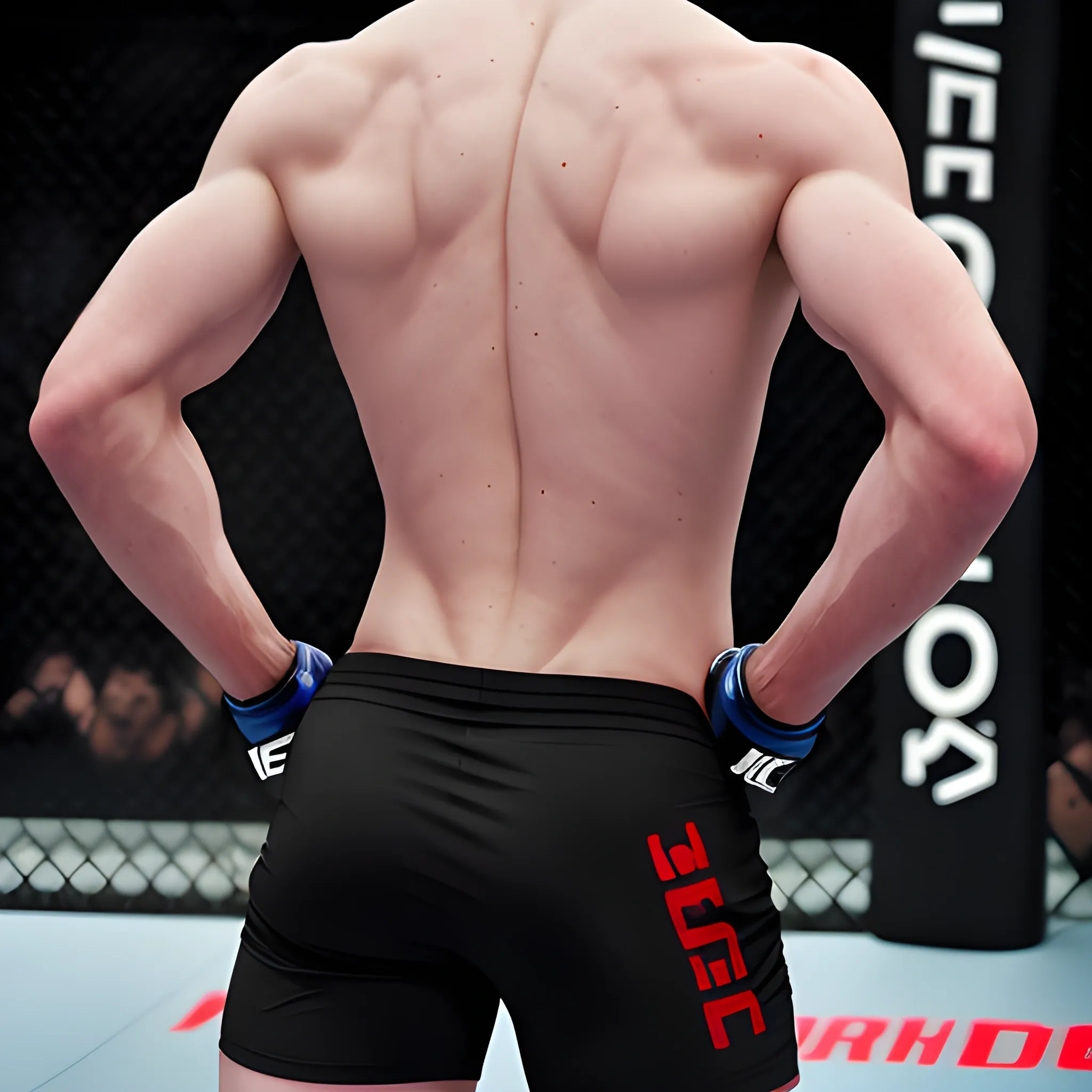 handsome white men,  black hair, good hand, 4k, best quality, sharp focus, soft lighting, skinny,  1men, ideal body, training body, slim fit, view from back, medium, short pant, UFC fighter pose, face advanced, face detail, negative_hand-neg:1.2, 
