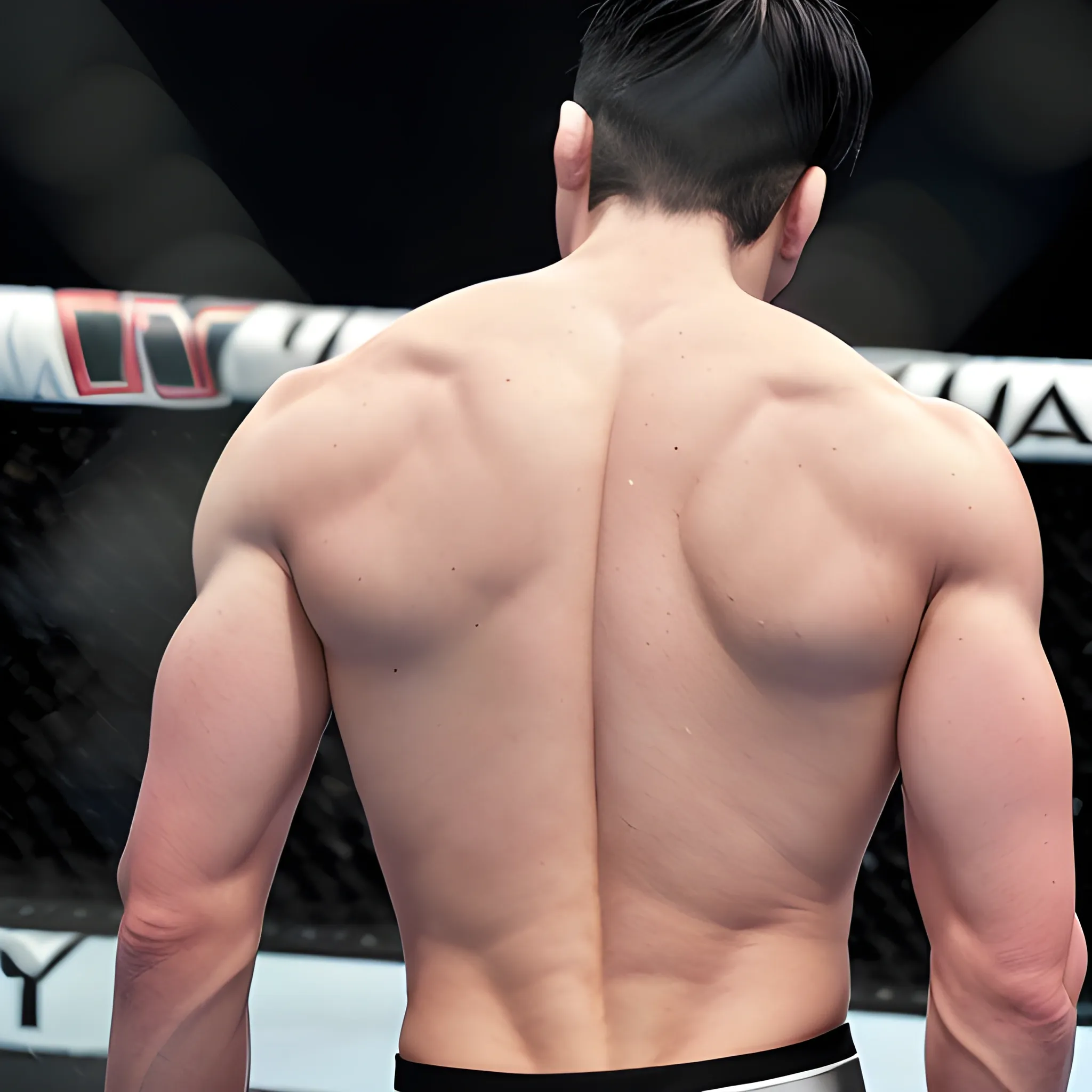 handsome white men,  black hair, good hand, 4k, best quality, sharp focus, soft lighting, skinny,  1men, ideal body, training body, slim fit, view from back, medium, short pant, UFC fighter pose, face advanced, face detail, negative_hand-neg:1.2, 
