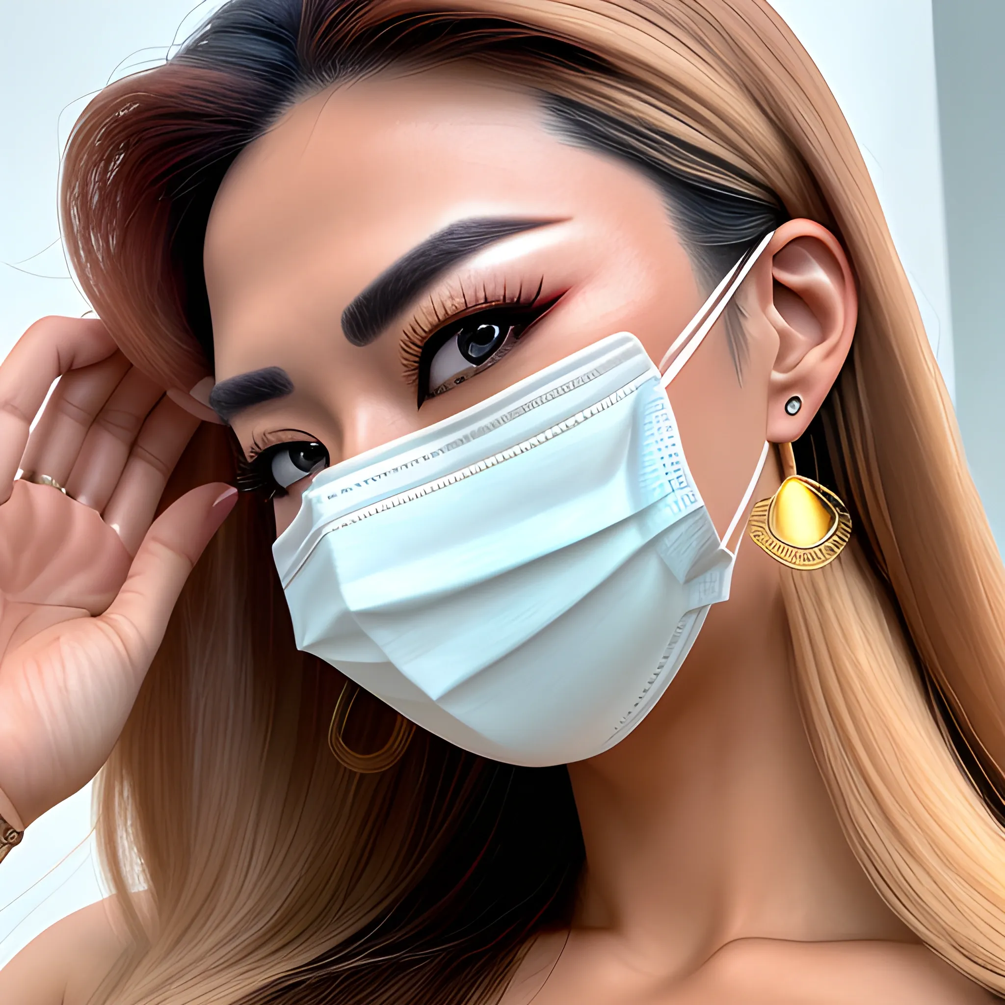 good hand,4k, high-res, masterpiece, best quality, asian, wearing face mask, sharp focus, soft lighting,medium breasts,1girl, jewelry, earrings, long hair, looking at viewer, blond hair