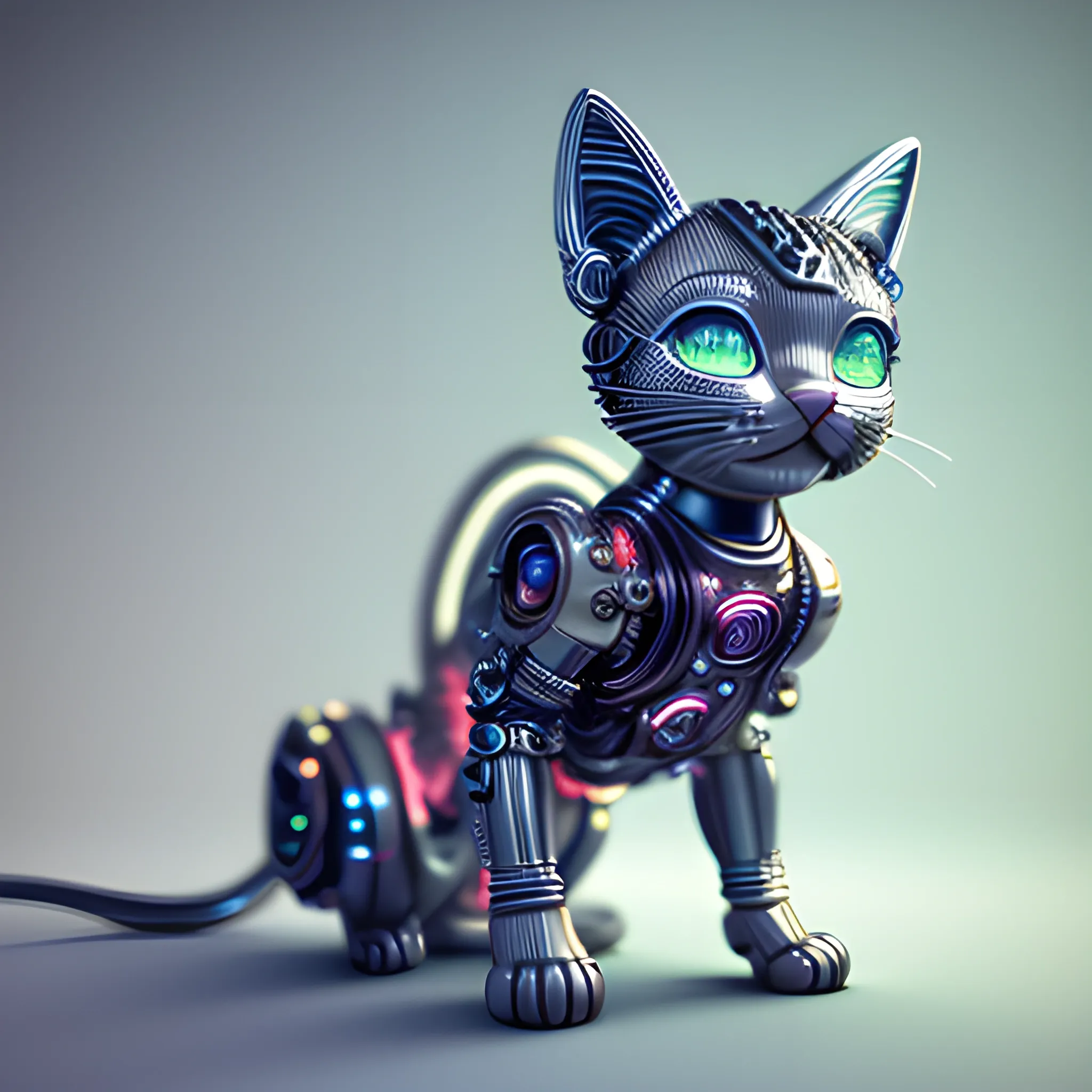 A hyper-detailed complex 3d render of a cute cyborg kitten made ...