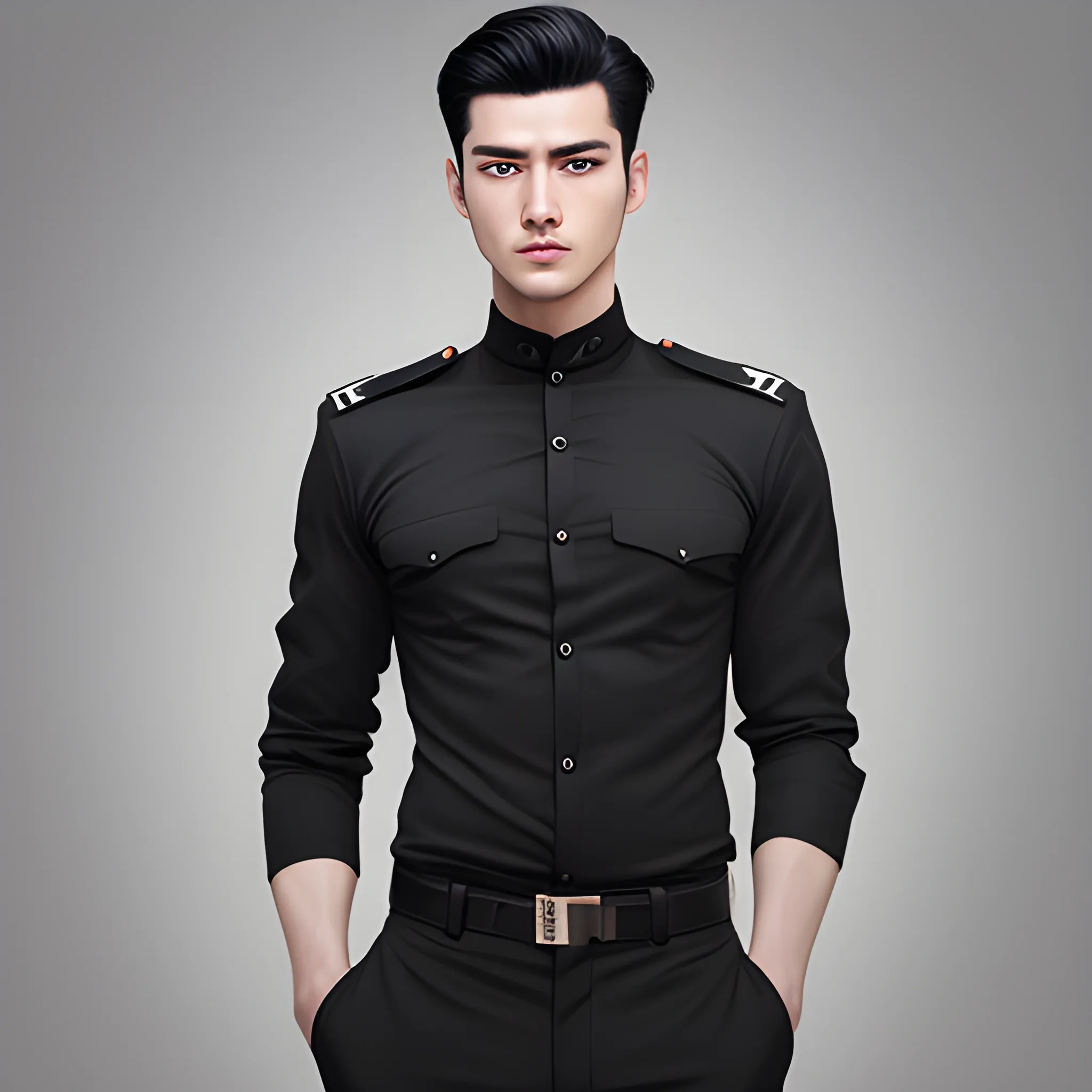 handsome men,  black hair, good hand, 4k, best quality, sharp focus, soft lighting, skinny,  1men, ideal body, training body, slim fit, view from front, medium, long pant, military pose, face advanced, face detail, negative_hand-neg:1.2, 
