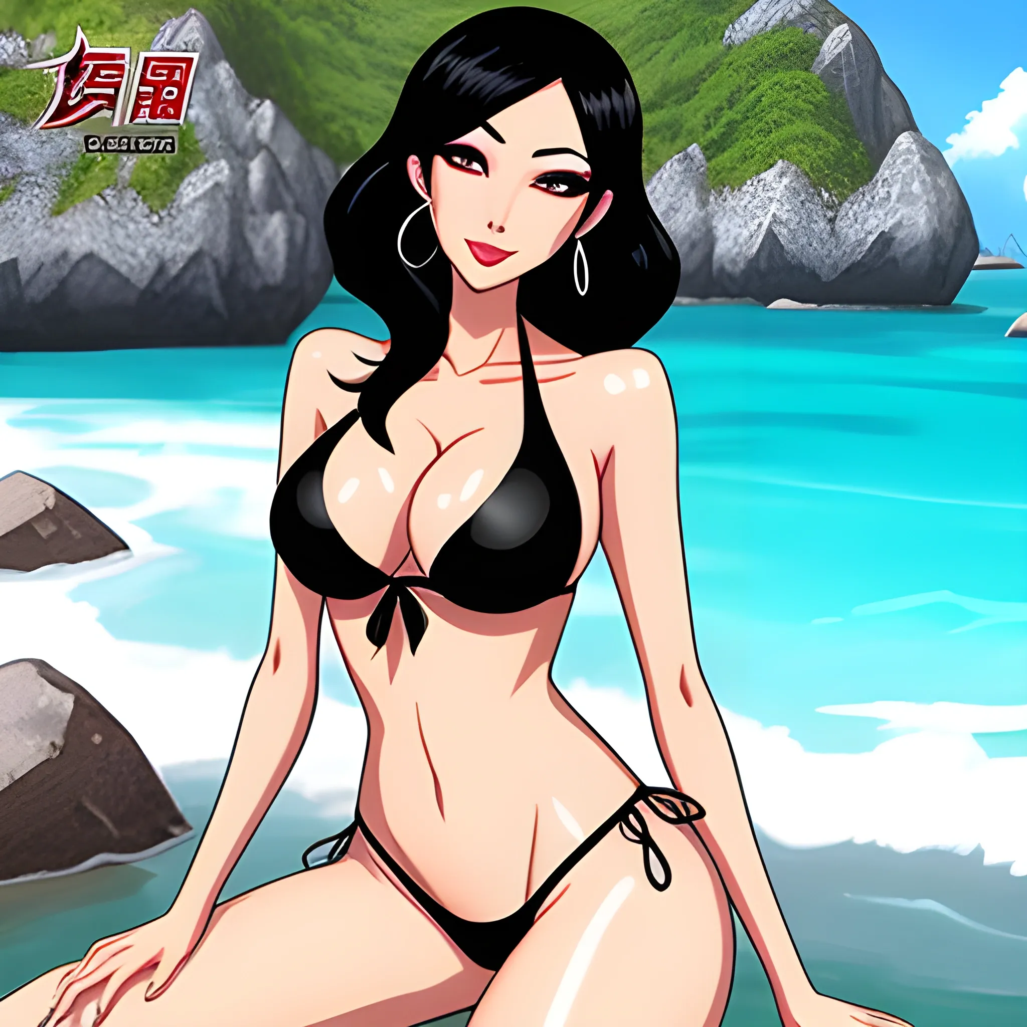 2 asia girls ,cartoon,black hair, bikini