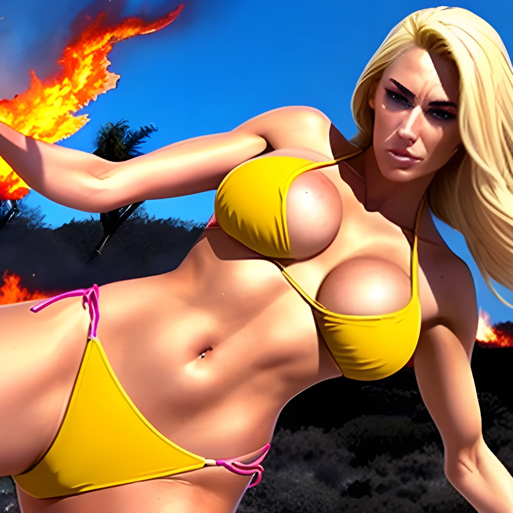 2 girls ,blond hair, bikini, fighting, fire, explode