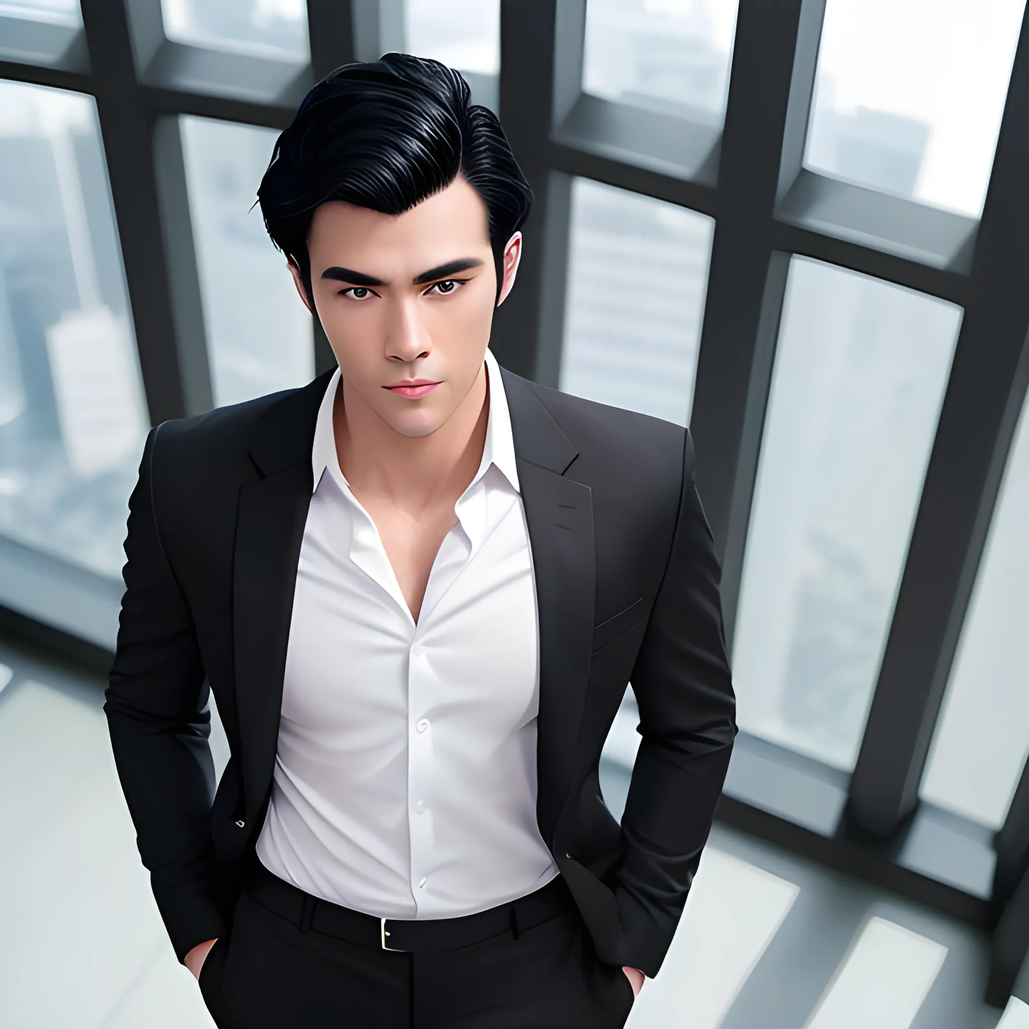 handsome men,  black hair, good hand, 4k, best quality, sharp focus, soft lighting, skinny,  1men, ideal body, training body, slim fit, view from above, medium, office dress, long pant, profesional model pose, face advanced, face detail, negative_hand-neg:1.2, 
