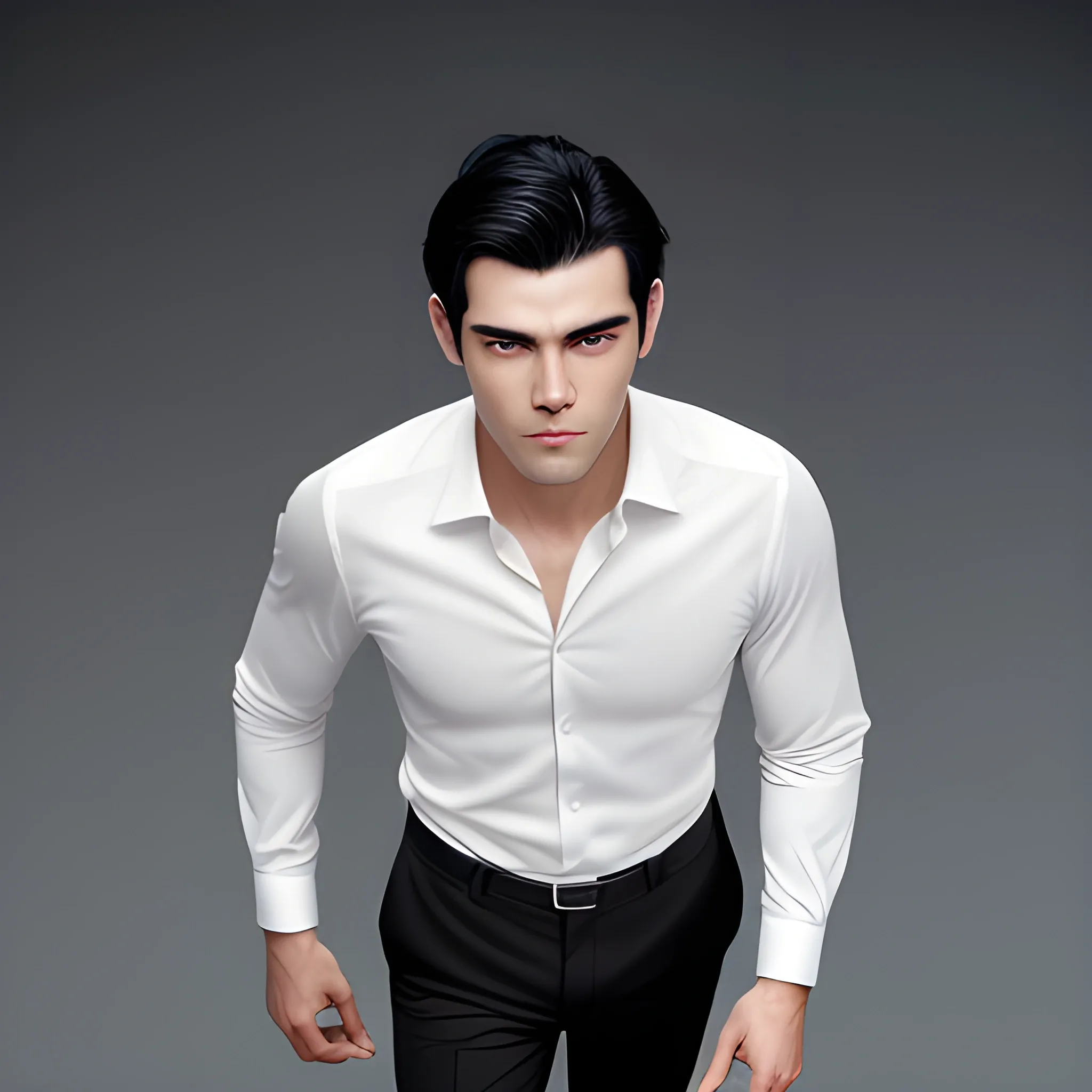 handsome men,  black hair, good hand, 4k, best quality, sharp focus, soft lighting, skinny,  1men, ideal body, training body, slim fit, view from above, medium, office dress, long pant, profesional model pose, face advanced, face detail, negative_hand-neg:1.2, work at office,
