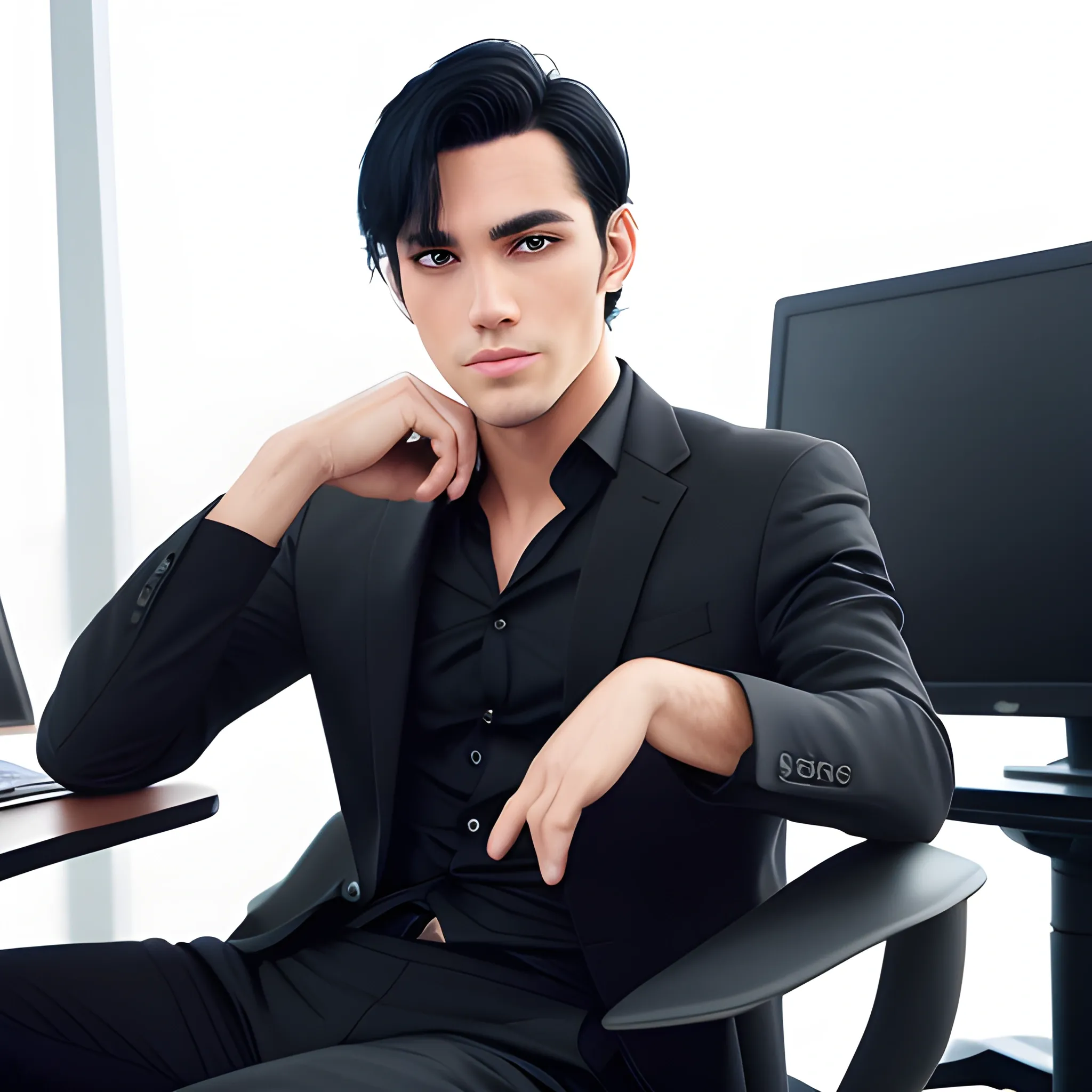 handsome men,  black hair, good hand, 4k, best quality, sharp focus, soft lighting, skinny,  1men, ideal body, training body, slim fit, view from front, medium, office dress, long pant, profesional model pose, face advanced, face detail, negative_hand-neg:1.2, sitting chair and working at office, 