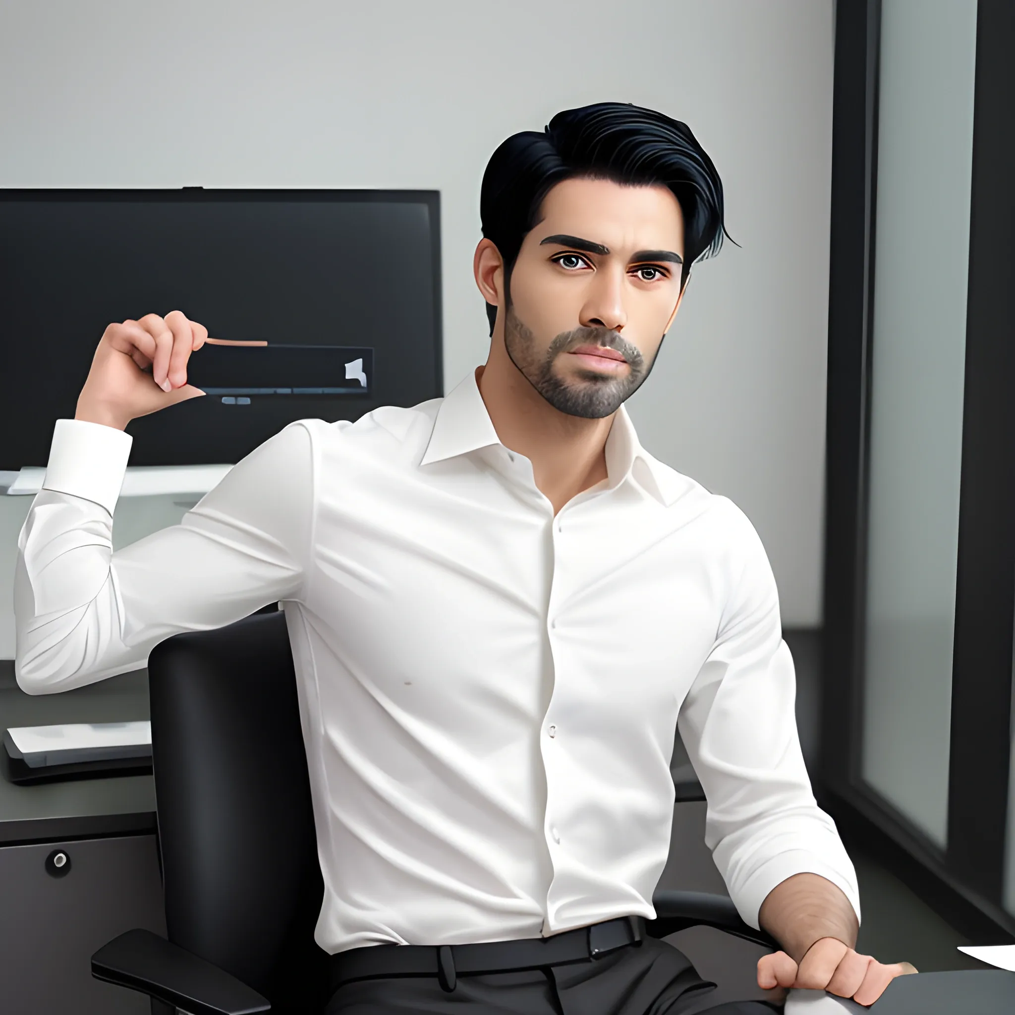 handsome men, sitting chair and working at office, black hair, good hand, 4k, best quality, sharp focus, soft lighting, skinny,  1men, ideal body, training body, slim fit, view from front, medium, office dress, long pant, profesional model pose, face advanced, face detail, negative_hand-neg:1.2, 