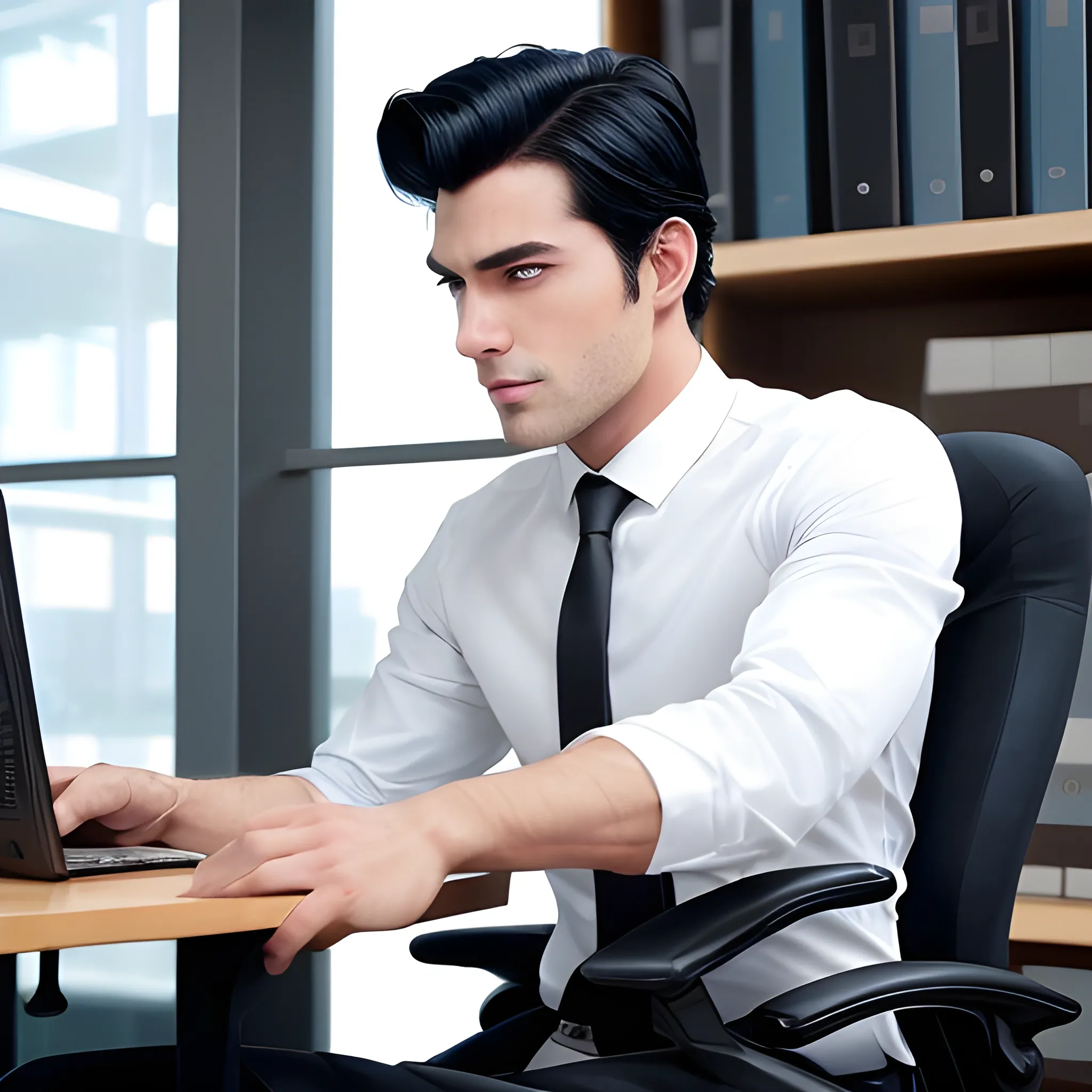 handsome men, sitting chair and working at office, black hair, good hand, 4k, best quality, sharp focus, soft lighting, skinny,  1men, ideal body, training body, slim fit, view from front, medium, office dress, long pant, profesional model pose, face advanced, face detail, negative_hand-neg:1.2, 