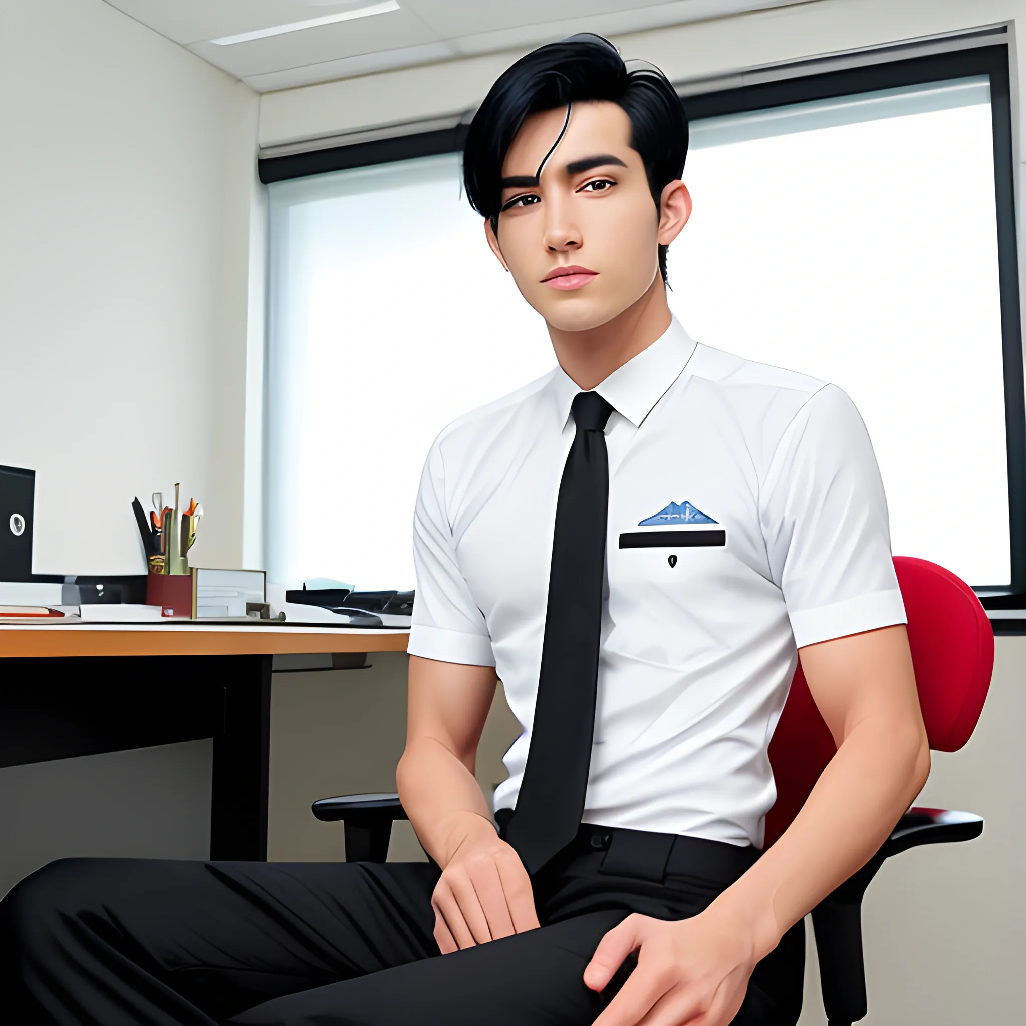 handsome men, sitting chair and working at office, black hair, good hand, 4k, best quality, sharp focus, soft lighting, skinny,  1men, ideal body, training body, slim fit, view from front, medium, KPU Indonesia uniform, long pant, profesional model pose, face advanced, face detail, negative_hand-neg:1.2, 