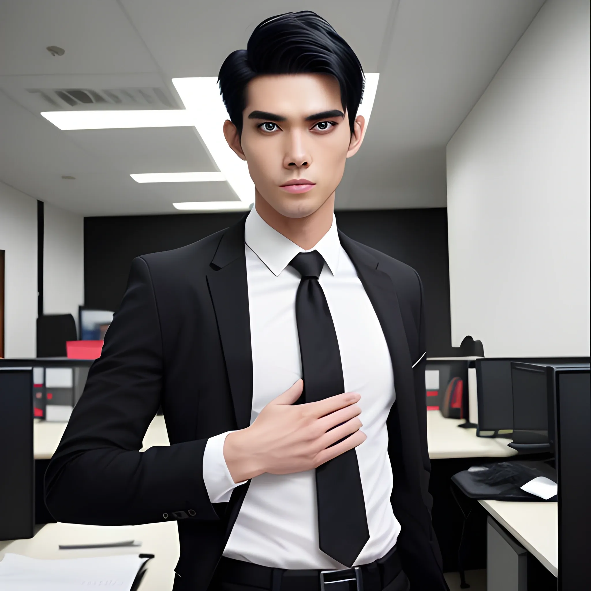 handsome men, working at office, black hair, good hand, 4k, best quality, sharp focus, soft lighting, skinny,  1men, ideal body, training body, slim fit, view from front, medium, KPU Indonesia uniform, long pant, profesional model pose, face advanced, face detail, negative_hand-neg:1.2, 
