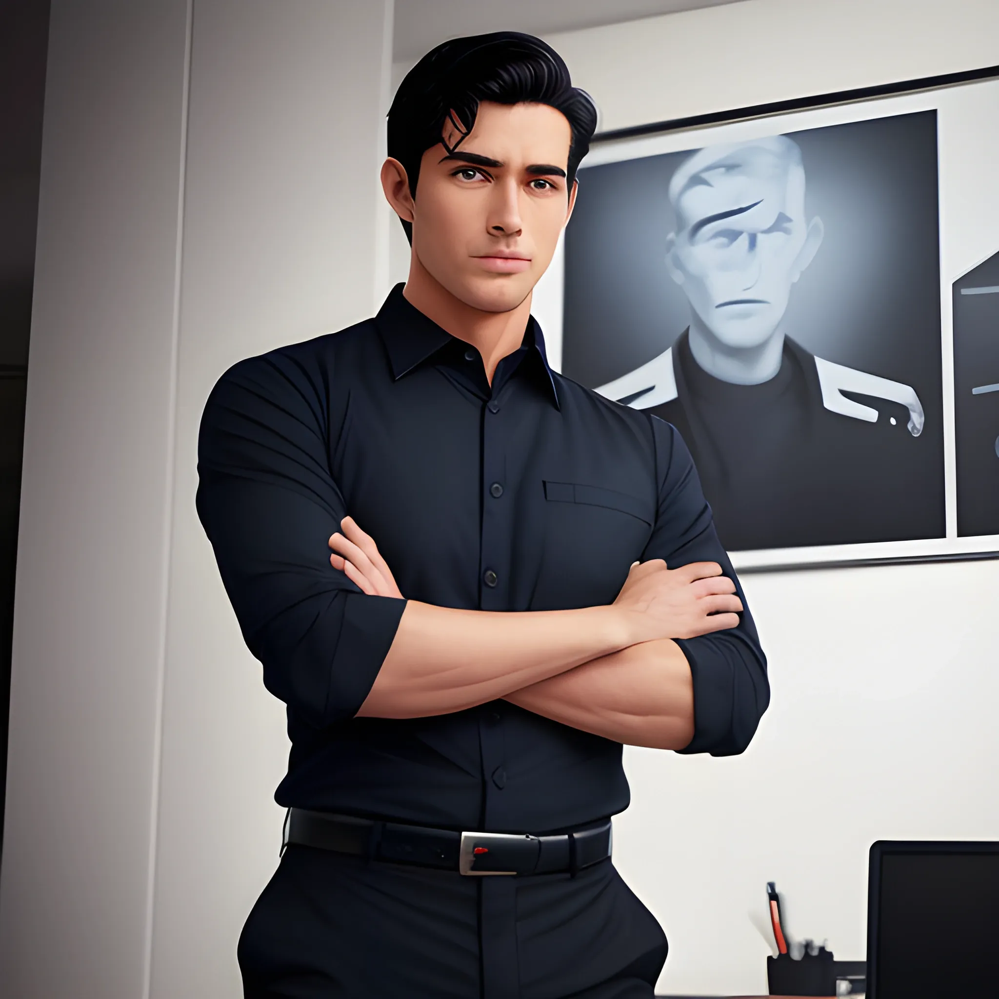 handsome men, stand up in front of poster, office uniform, navy shirt, cream long pant, black hair, good hand, 4k, best quality, sharp focus, soft lighting, skinny,  1men, ideal body, training body, slim fit, view from front, medium,  profesional model pose, face advanced, face detail, negative_hand-neg:1.2, 
