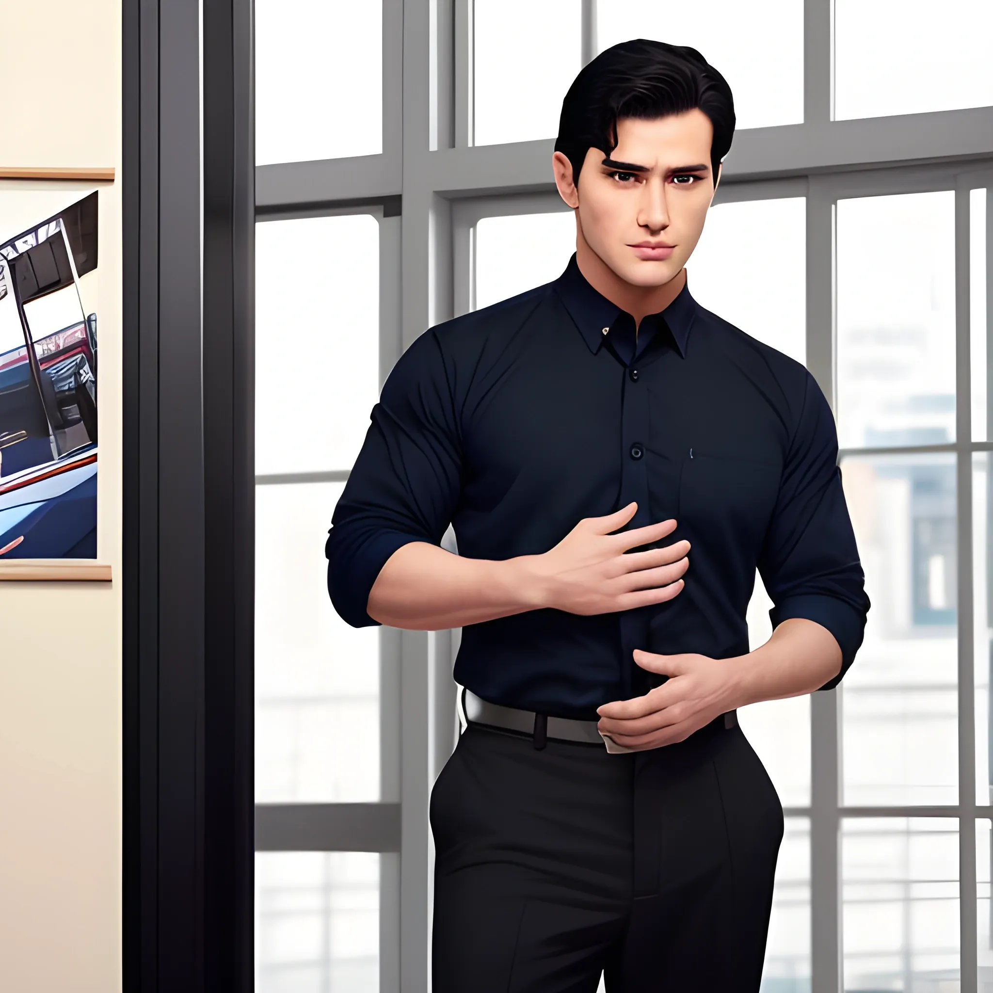 handsome men, stand up in front of poster, office uniform, navy shirt, cream long pant, black hair, good hand, 4k, best quality, sharp focus, soft lighting, skinny,  1men, ideal body, training body, slim fit, view from front, medium,  profesional model pose, face advanced, face detail, negative_hand-neg:1.2, 