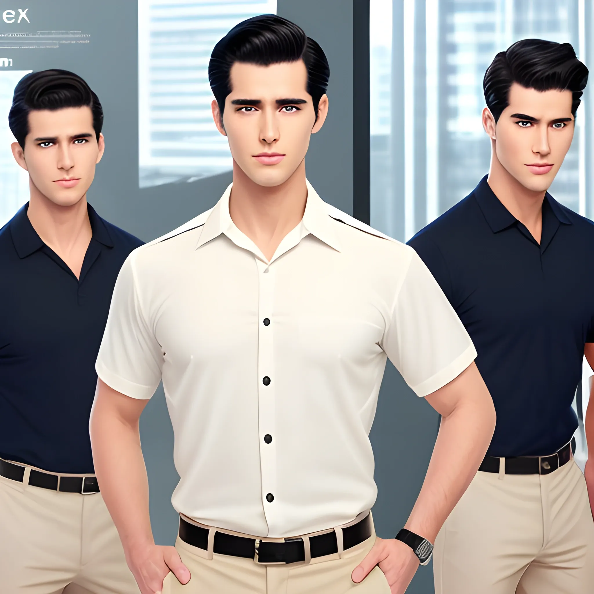 handsome men, standing beside of poster, office uniform, navy shirt, cream pants, black hair, good hand, 4k, best quality, sharp focus, soft lighting, skinny,  1men, ideal body, training body, slim fit, view from front, medium,  profesional model pose, face advanced, face detail, negative_hand-neg:1.2, 