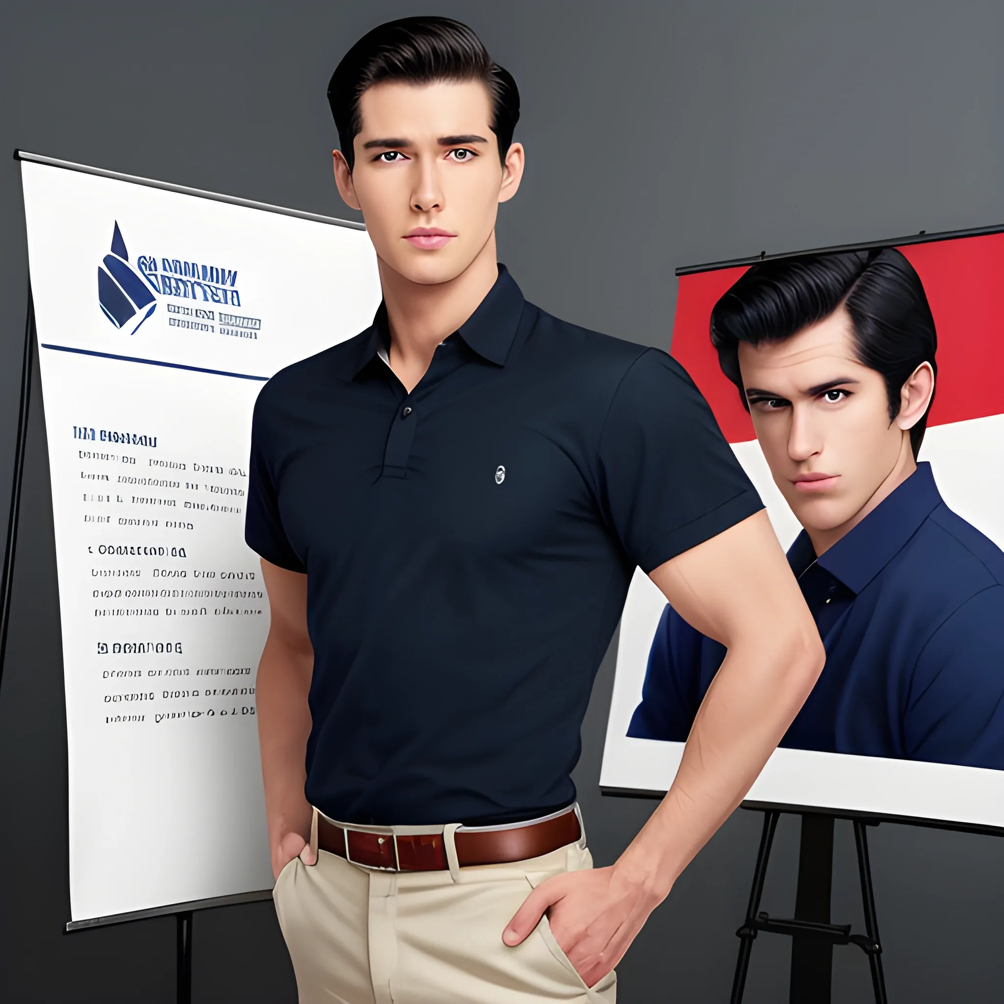 handsome men, standing in front of poster board ,office uniform, navy shirt, cream pants, black hair, good hand, 4k, best quality, sharp focus, soft lighting, skinny,  1men, ideal body, training body, slim fit, view from front, medium,  profesional model pose, face advanced, face detail, negative_hand-neg:1.2, 