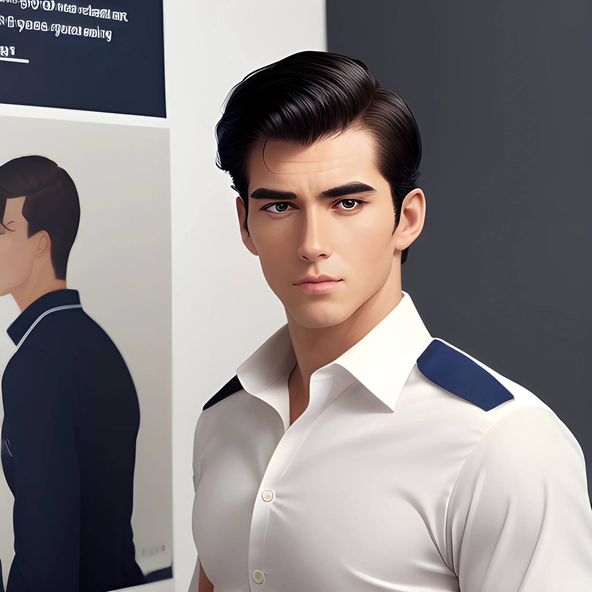 handsome men, standing in front of poster board ,office uniform, navy shirt, cream pants, black hair, good hand, 4k, best quality, sharp focus, soft lighting, skinny,  1men, ideal body, training body, slim fit, view from front, medium,  profesional model pose, face advanced, face detail, negative_hand-neg:1.2, 