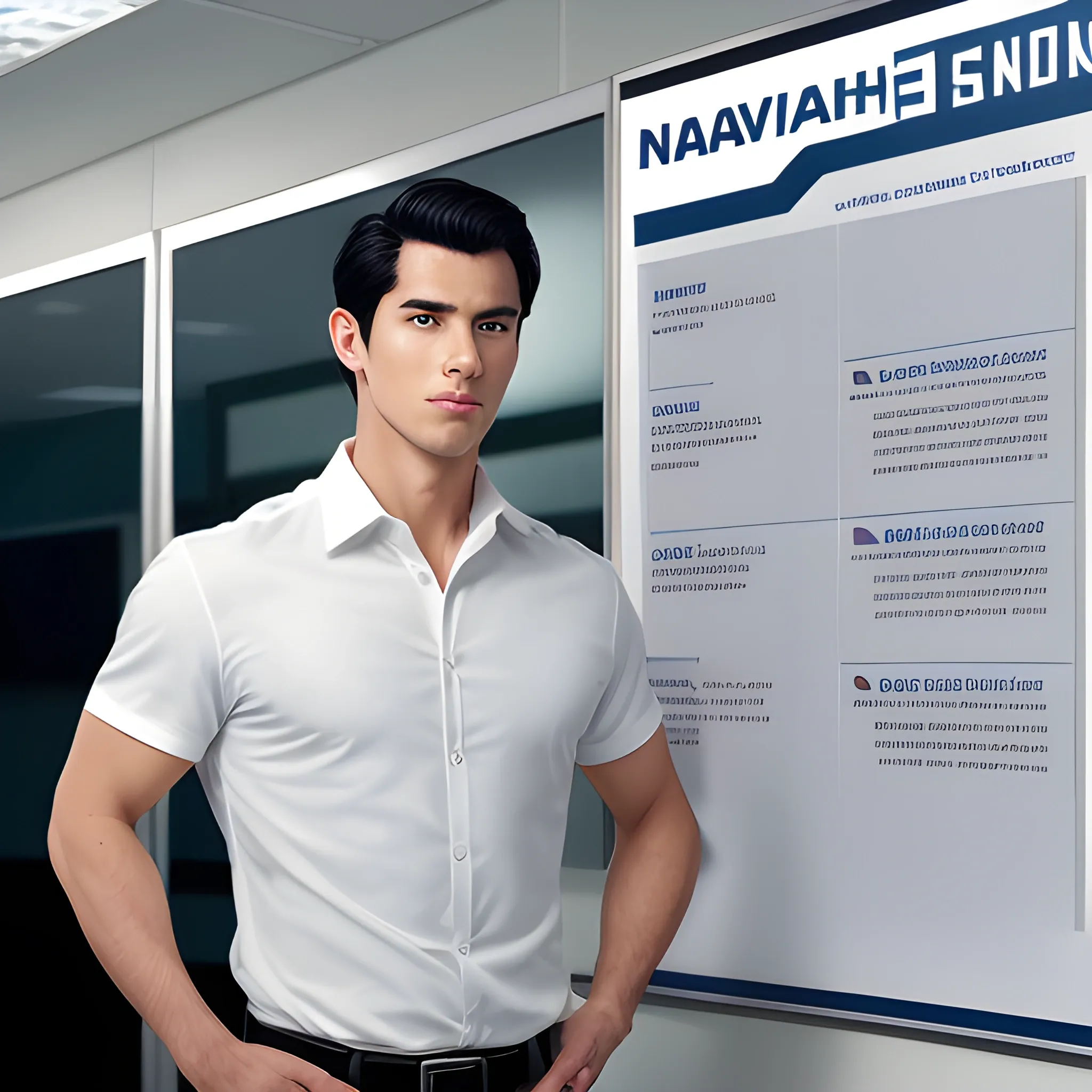 handsome men, standing in front of poster board ,office uniform, navy shirt, cream pants, black hair, good hand, 4k, best quality, sharp focus, soft lighting, skinny,  1men, ideal body, training body, slim fit, view from front, medium,  profesional model pose, face advanced, face detail, negative_hand-neg:1.2, 