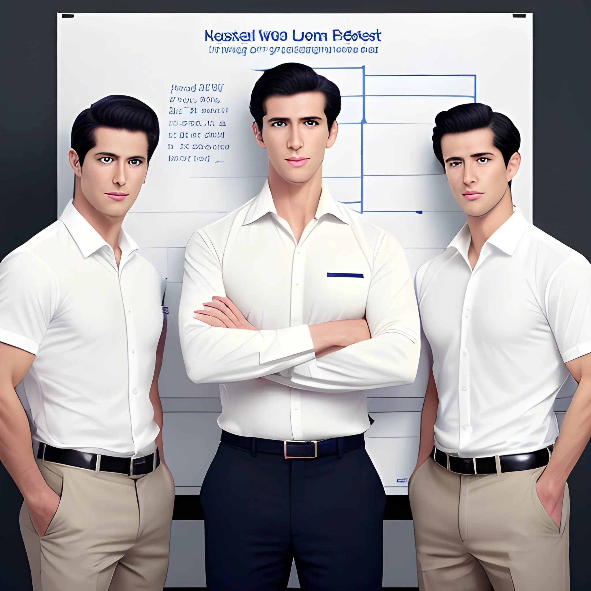 handsome men, standing in front of poster board, office uniform, navy shirt, cream pants, black hair, good hand, 4k, best quality, sharp focus, soft lighting, skinny,  1men, ideal body, training body, slim fit, medium,  profesional model pose, face advanced, face detail, negative_hand-neg:1.2, 