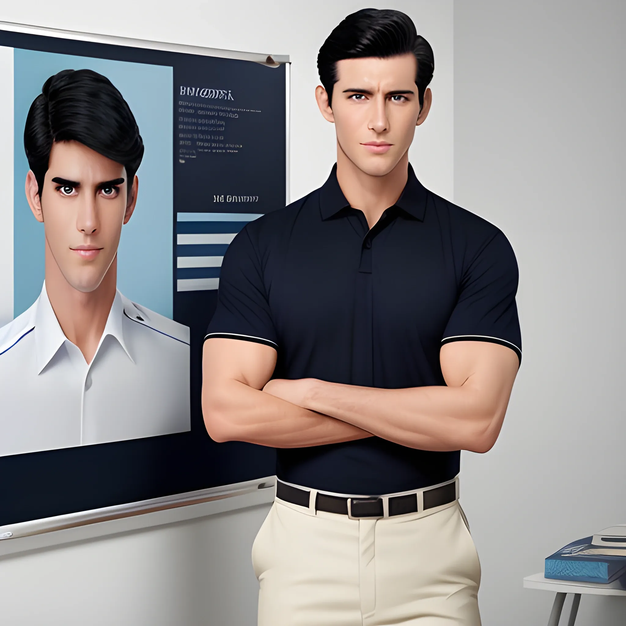 handsome men, standing in front of poster board, office uniform, navy shirt, cream pants, black hair, good hand, 4k, best quality, sharp focus, soft lighting, skinny,  1men, ideal body, training body, slim fit, medium,  profesional model pose, face advanced, face detail, negative_hand-neg:1.2, 