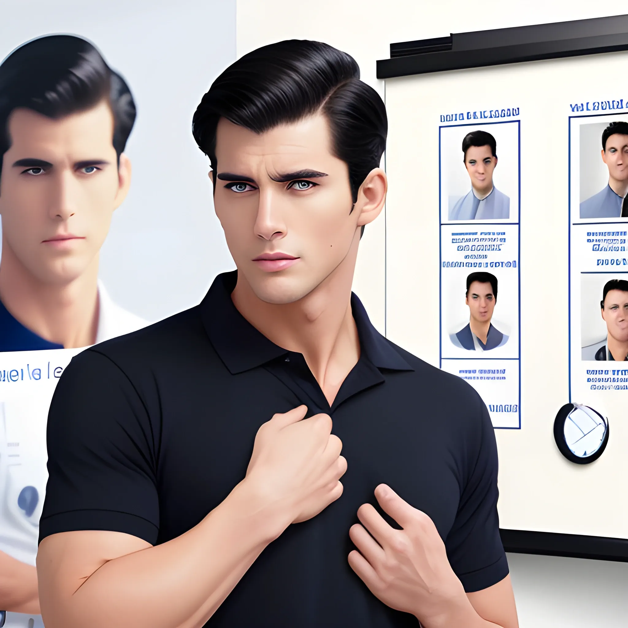 handsome men, standing in front of poster board, office uniform, navy shirt, cream pants, black hair, good hand, 4k, best quality, sharp focus, soft lighting, skinny,  1men, ideal body, training body, slim fit, medium,  profesional model pose, face advanced, face detail, negative_hand-neg:1.2, 