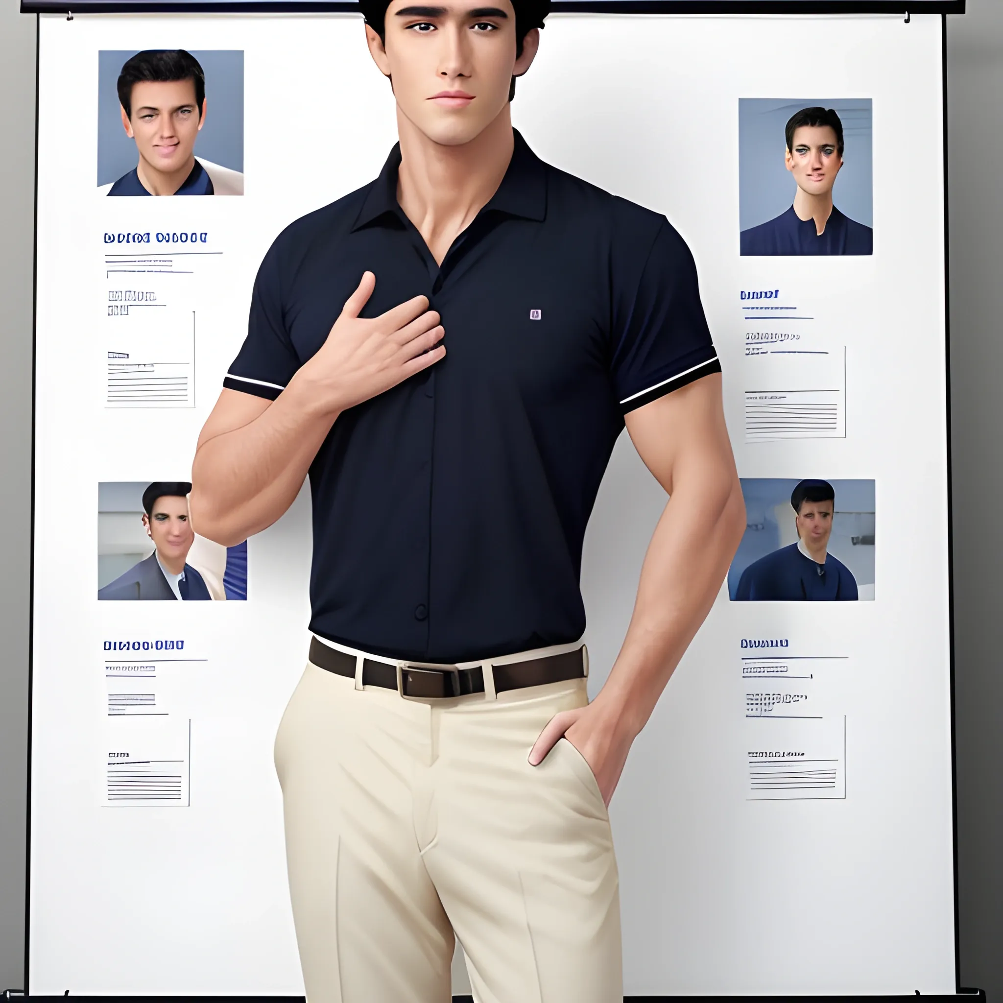 handsome men, standing in front of poster board, office uniform, navy shirt, cream pants, black hair, good hand, 4k, best quality, sharp focus, soft lighting, skinny,  1men, ideal body, training body, slim fit, medium,  profesional model pose, face advanced, face detail, negative_hand-neg:1.2, 