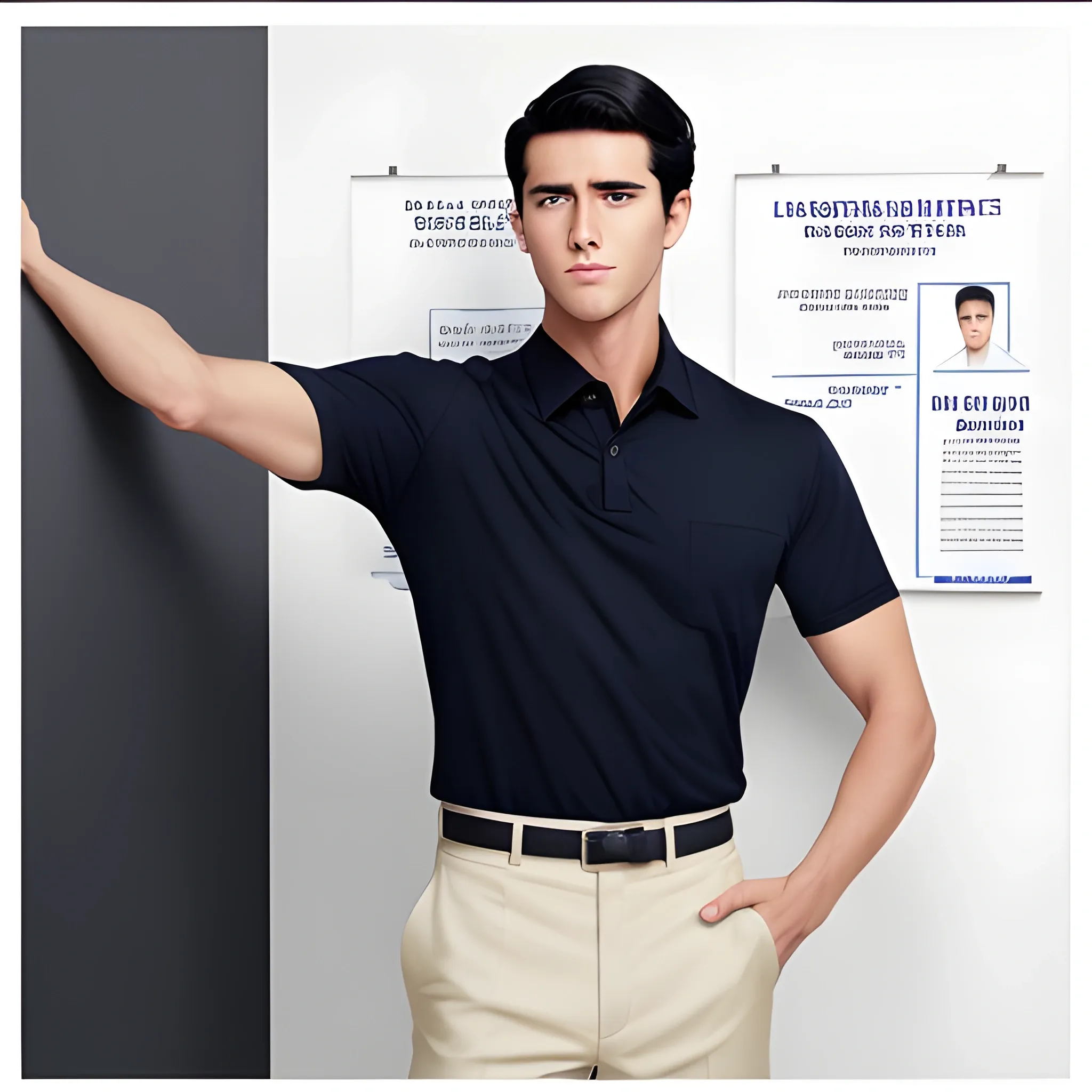 handsome men, standing in front of poster board, office uniform, navy shirt, cream pants, black hair, good hand, 4k, best quality, sharp focus, soft lighting, skinny,  1men, ideal body, training body, slim fit, medium,  profesional model pose, face advanced, face detail, negative_hand-neg:1.2, 