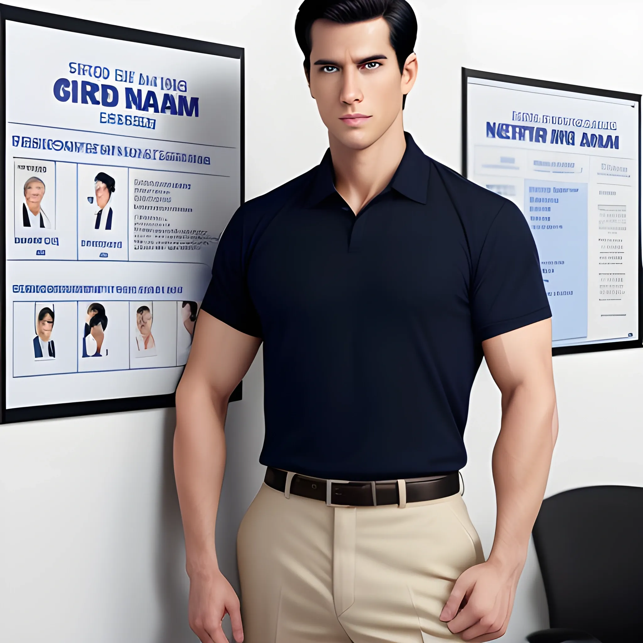 handsome men, standing in front of poster board, office uniform, navy shirt, cream pants, black hair, good hand, 4k, best quality, sharp focus, soft lighting, skinny,  1men, ideal body, training body, slim fit, medium,  profesional model pose, face advanced, face detail, negative_hand-neg:1.2, 