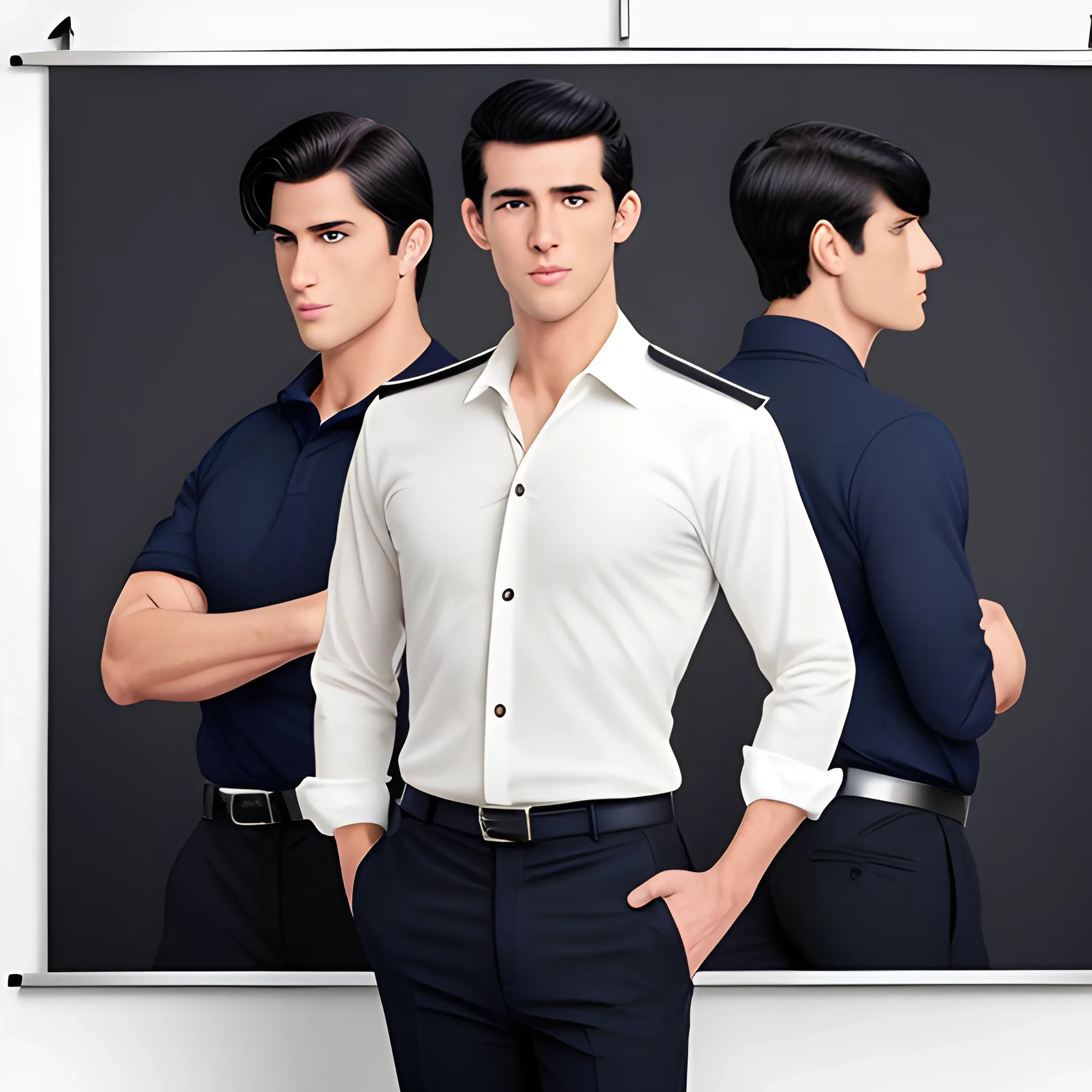 handsome men, standing in front of poster board, office uniform, navy shirt, cream pants, black hair, good hand, 4k, best quality, sharp focus, soft lighting, skinny,  1men, ideal body, training body, slim fit, medium,  profesional model pose, face advanced, face detail, negative_hand-neg:1.2, 