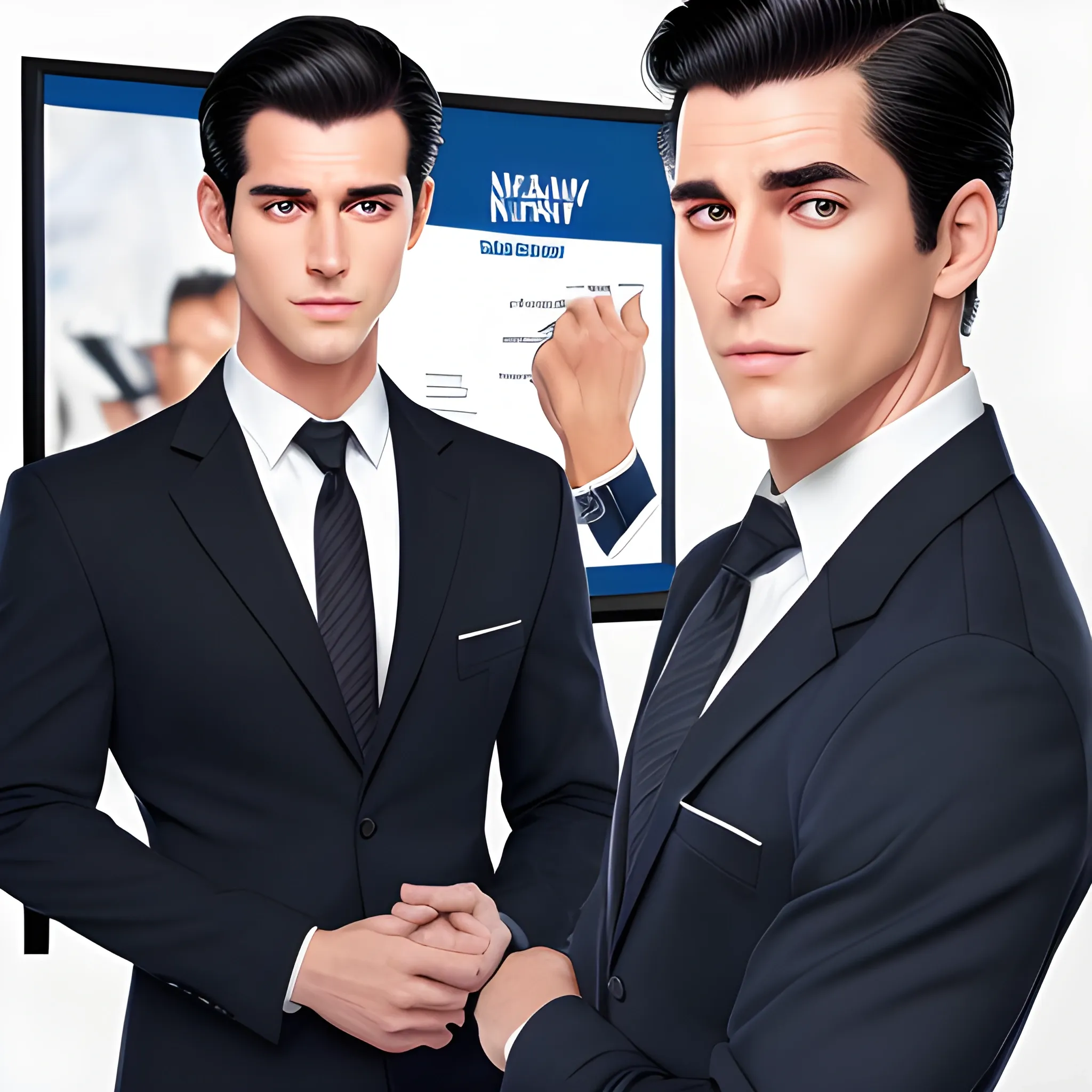 handsome men, standing in front of advertising board, office uniform, navy shirt, cream pants, black hair, good hand, 4k, best quality, sharp focus, soft lighting, skinny,  1men, ideal body, training body, slim fit, medium,  profesional model pose, face advanced, face detail, negative_hand-neg:1.2, 