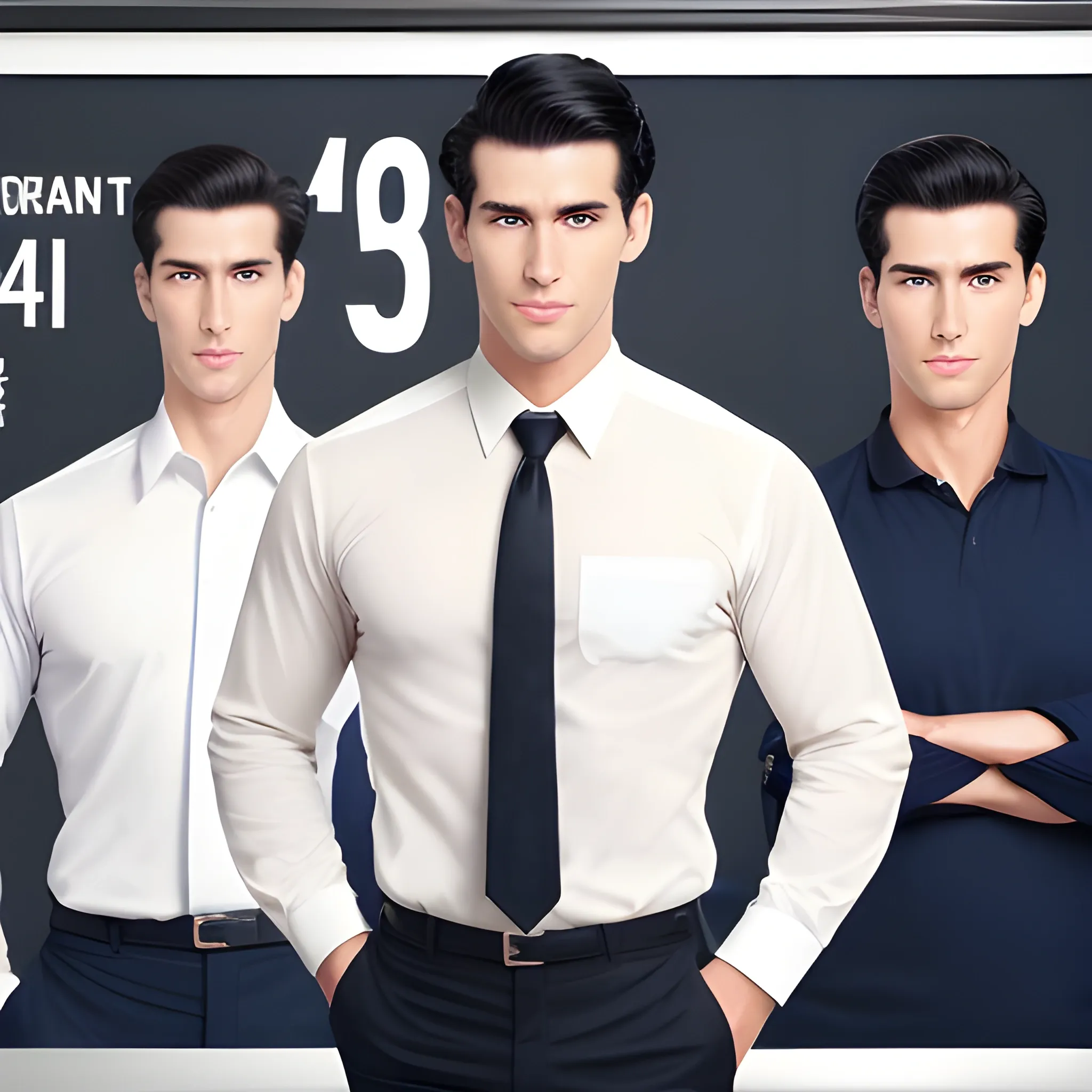 handsome men, standing in front of advertising board, office uniform, navy shirt, cream pants, black hair, good hand, 4k, best quality, sharp focus, soft lighting, skinny,  1men, ideal body, training body, slim fit, medium,  profesional model pose, face advanced, face detail, negative_hand-neg:1.2, 