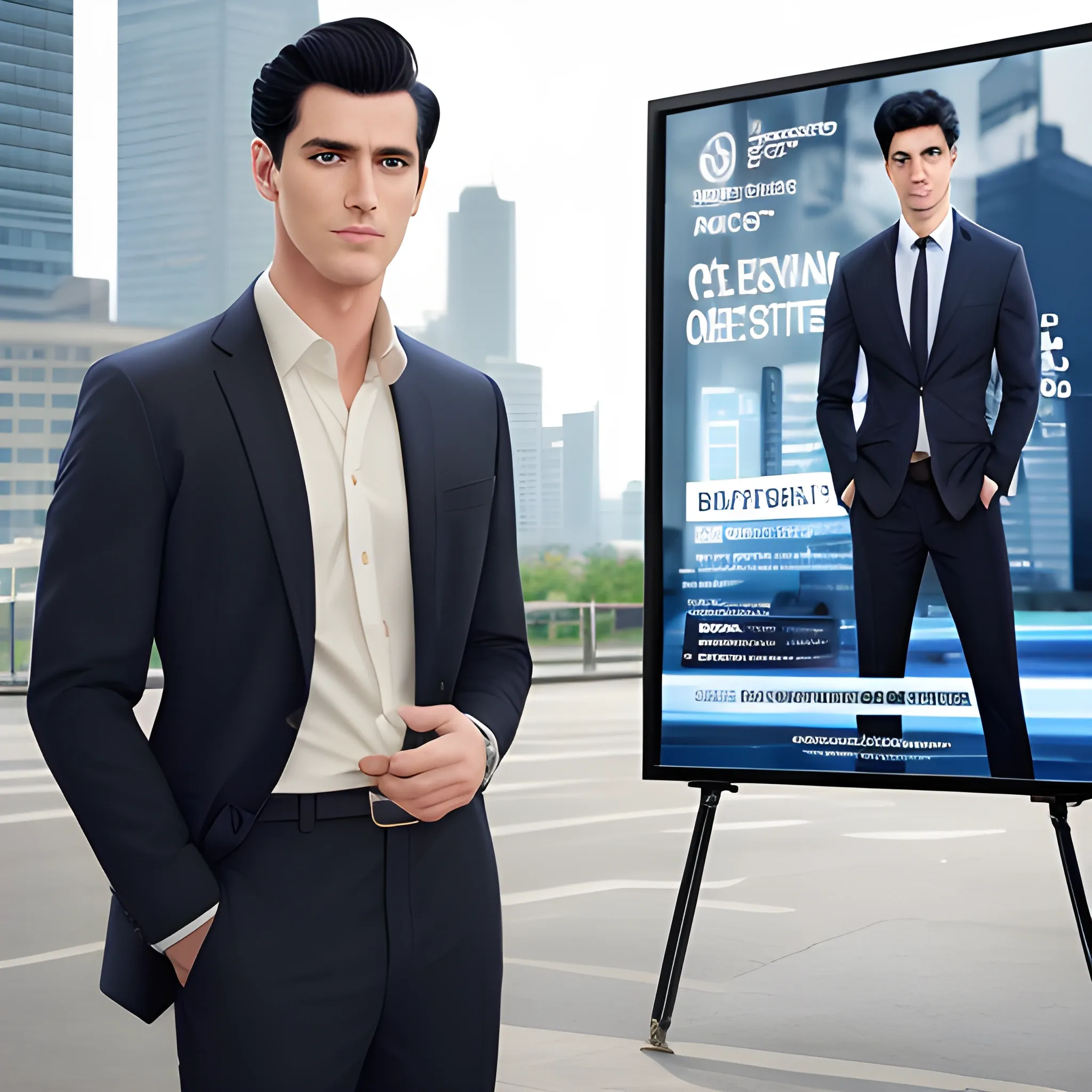 handsome men, standing in front of city advertising board, office uniform, navy shirt, cream pants, black hair, good hand, 4k, best quality, sharp focus, soft lighting, skinny,  1men, ideal body, training body, slim fit, medium,  profesional model pose, face advanced, face detail, negative_hand-neg:1.2, 