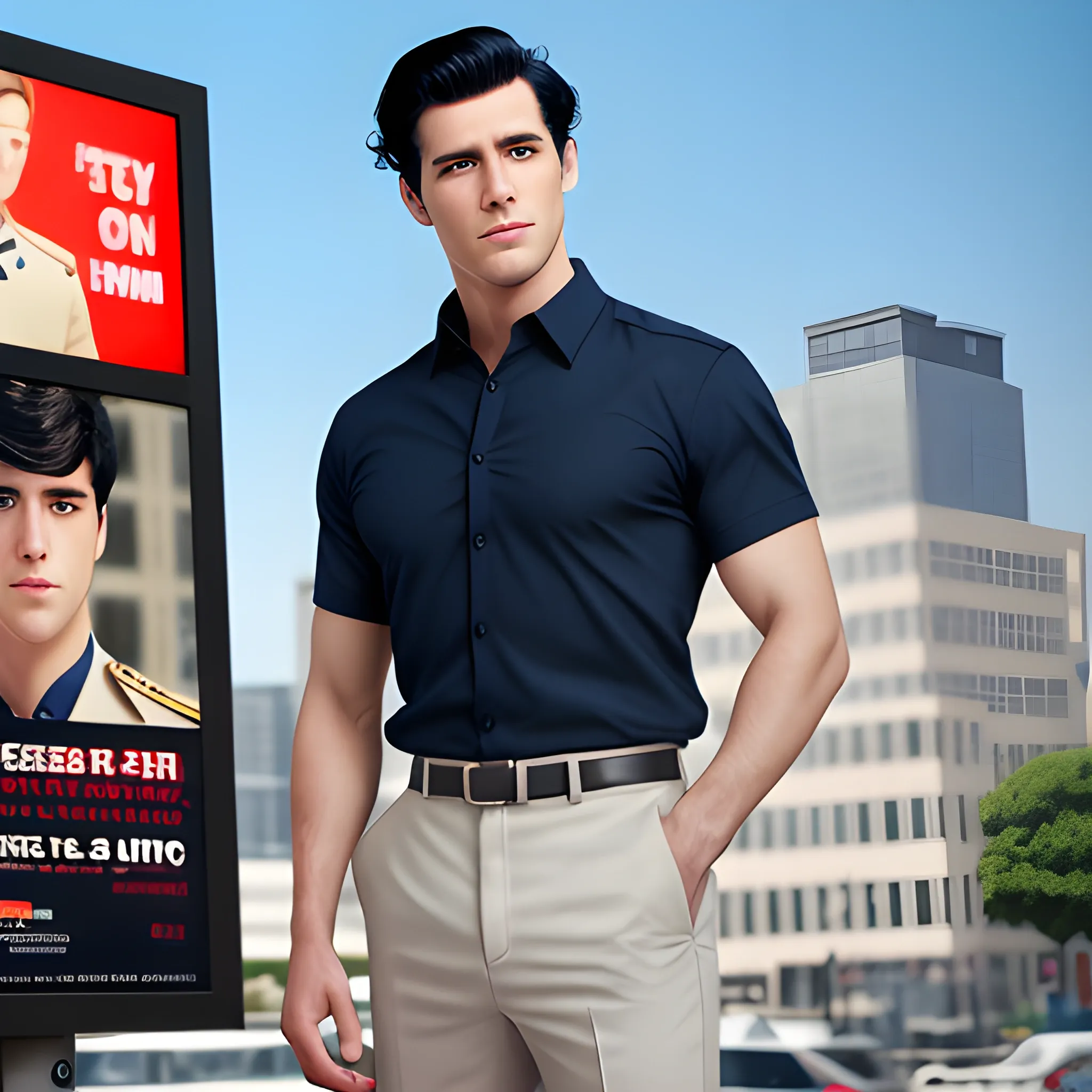 handsome men, standing in front of city advertising board, office uniform, navy shirt, cream pants, black hair, good hand, 4k, best quality, sharp focus, soft lighting, skinny,  1men, ideal body, training body, slim fit, medium,  profesional model pose, face advanced, face detail, negative_hand-neg:1.2, 