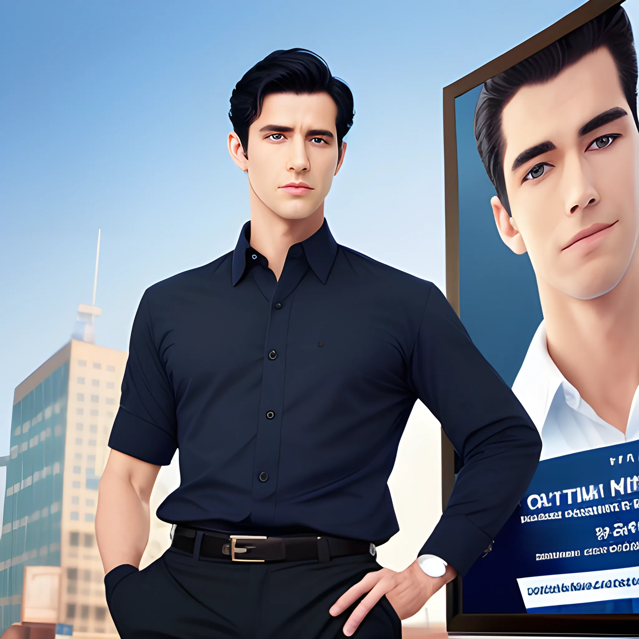 handsome men, standing in front of city advertising board, office uniform, navy shirt, cream pants, black hair, good hand, 4k, best quality, sharp focus, soft lighting, skinny,  1men, ideal body, training body, slim fit, medium,  profesional model pose, face advanced, face detail, negative_hand-neg:1.2, 