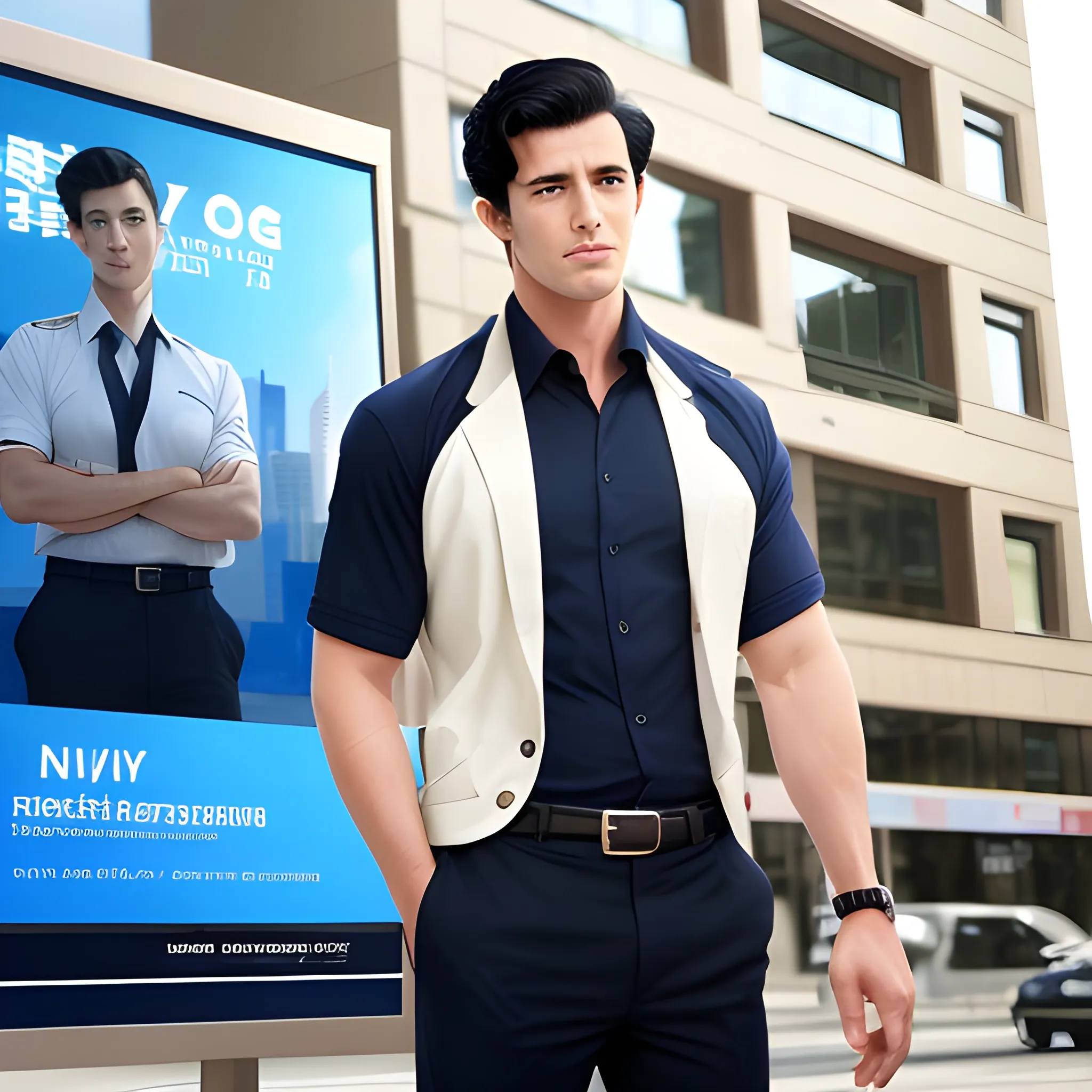 handsome men, standing in front of city advertising board, office uniform, navy shirt, cream pants, black hair, good hand, 4k, best quality, sharp focus, soft lighting, skinny,  1men, ideal body, training body, slim fit, medium,  profesional model pose, face advanced, face detail, negative_hand-neg:1.2, 