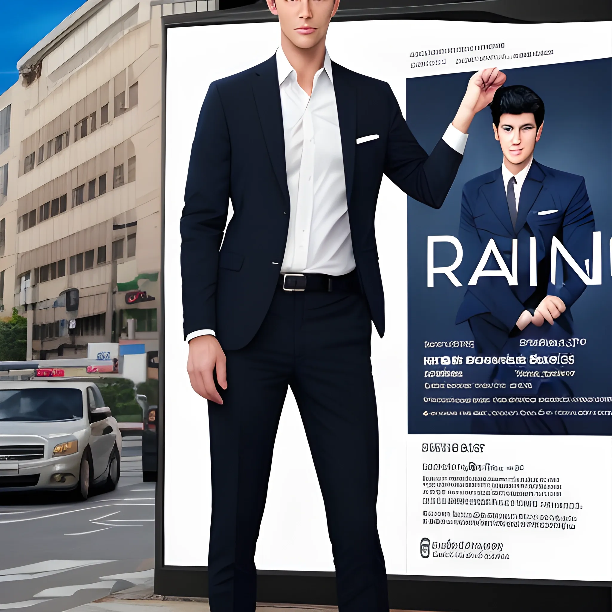 handsome men, standing in front of city advertising board, office uniform, navy shirt, cream pants, black hair, good hand, 4k, best quality, sharp focus, soft lighting, skinny,  1men, ideal body, training body, slim fit, medium,  profesional model pose, face advanced, face detail, negative_hand-neg:1.2, 