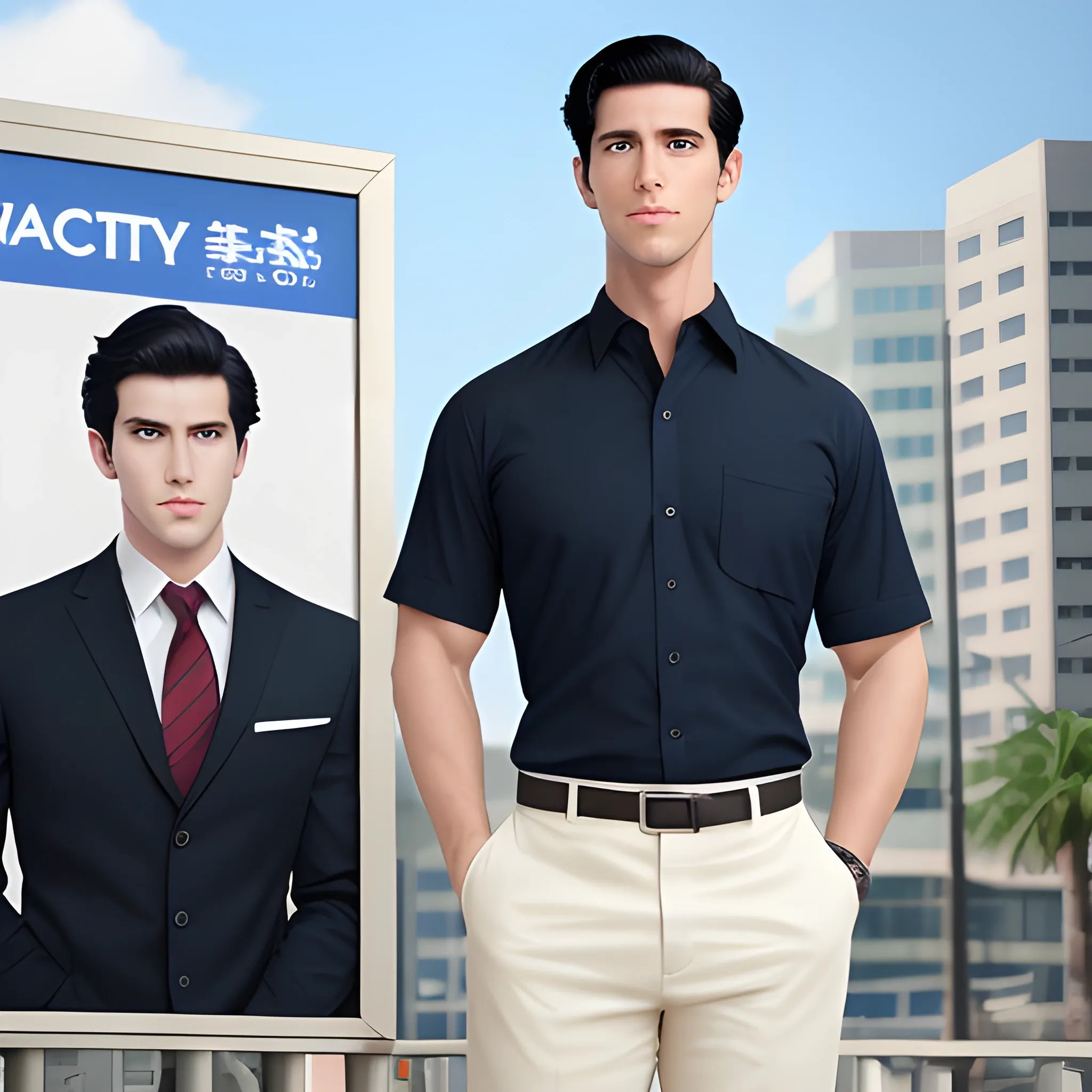 handsome men, standing in front of city advertising board, office uniform, navy shirt, cream pants, black hair, good hand, 4k, best quality, sharp focus, soft lighting, skinny,  1men, ideal body, training body, slim fit, medium,  profesional model pose, face advanced, face detail, negative_hand-neg:1.2, 