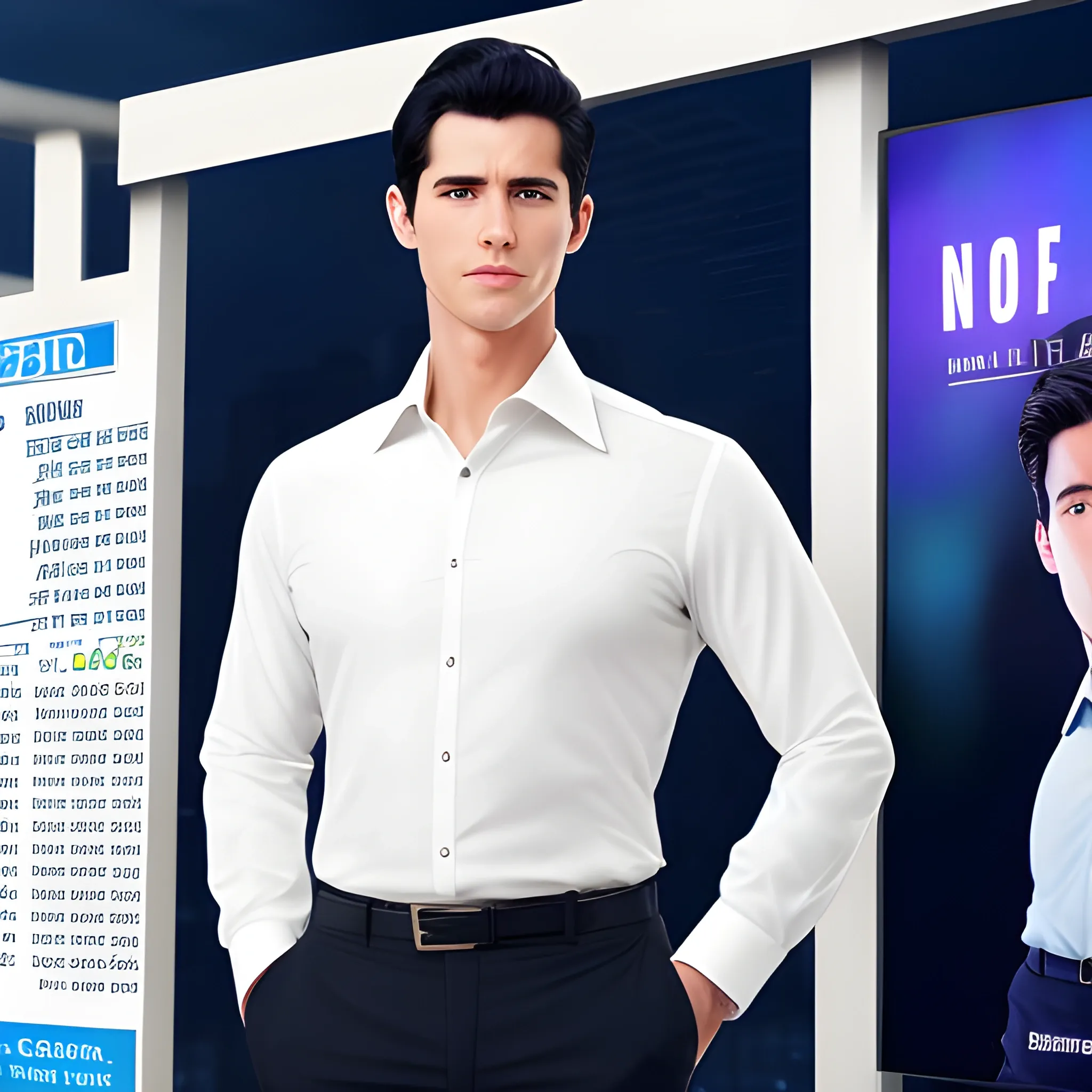 handsome men, standing in front of city advertising board, office uniform, navy shirt, cream pants, black hair, good hand, 4k, best quality, sharp focus, soft lighting, skinny,  1men, ideal body, training body, slim fit, medium,  profesional model pose, face advanced, face detail, negative_hand-neg:1.2, 