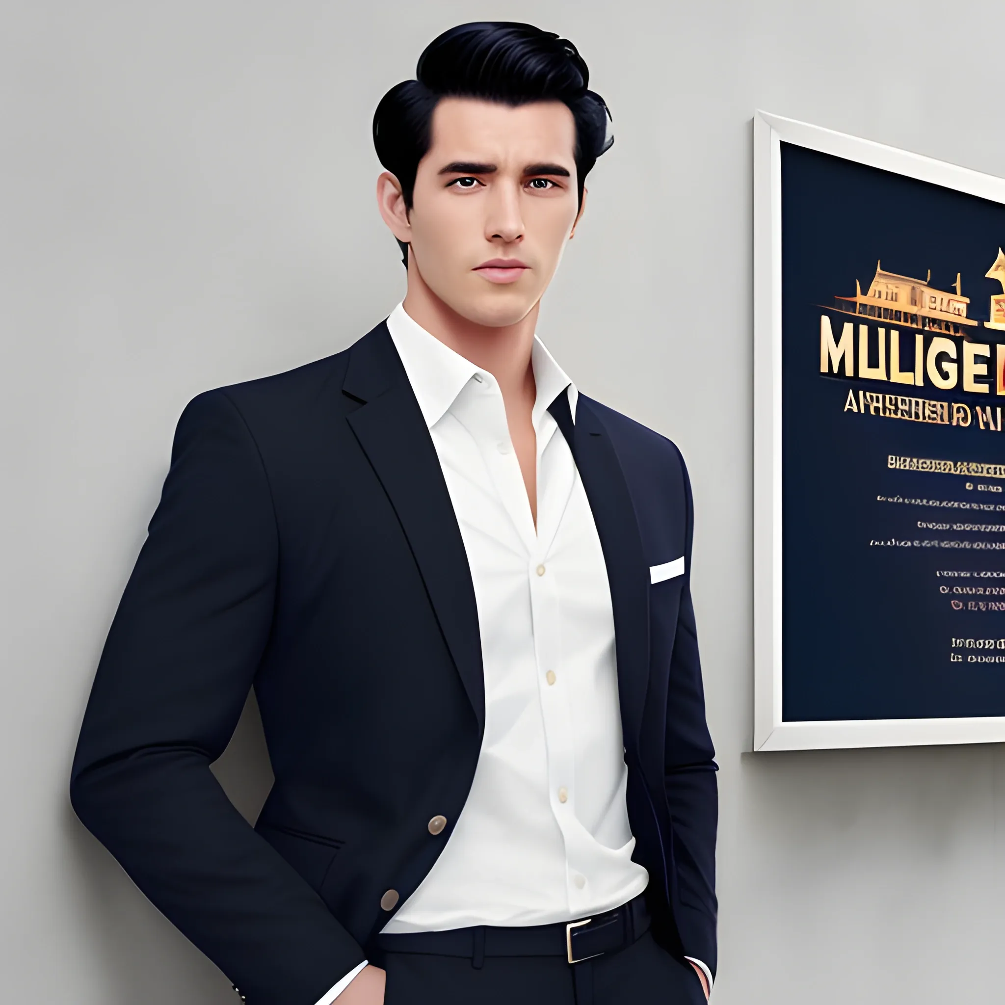 handsome men, standing in front of village advertising board, office uniform, navy shirt, cream pants, black hair, good hand, 4k, best quality, sharp focus, soft lighting, skinny,  1men, ideal body, training body, slim fit, medium,  profesional model pose, face advanced, face detail, negative_hand-neg:1.2, 