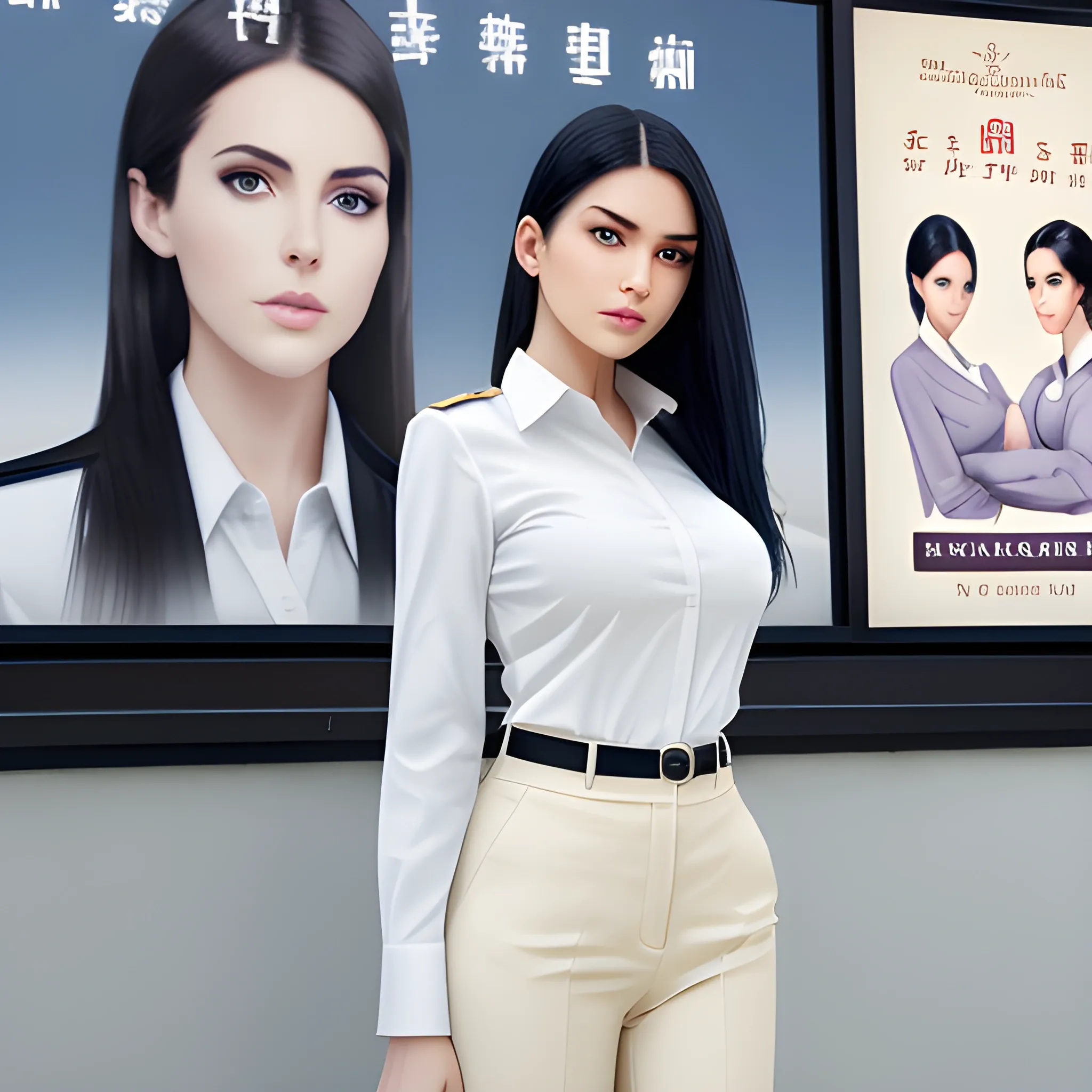 beautiful elegant women, standing in front of village advertising board, office uniform, navy shirt, cream pants, black hair, good hand, 4k, best quality, sharp focus, soft lighting, skinny,  1women, ideal body, slim fit, medium,  profesional model pose, face advanced, face detail, negative_hand-neg:1.2, 