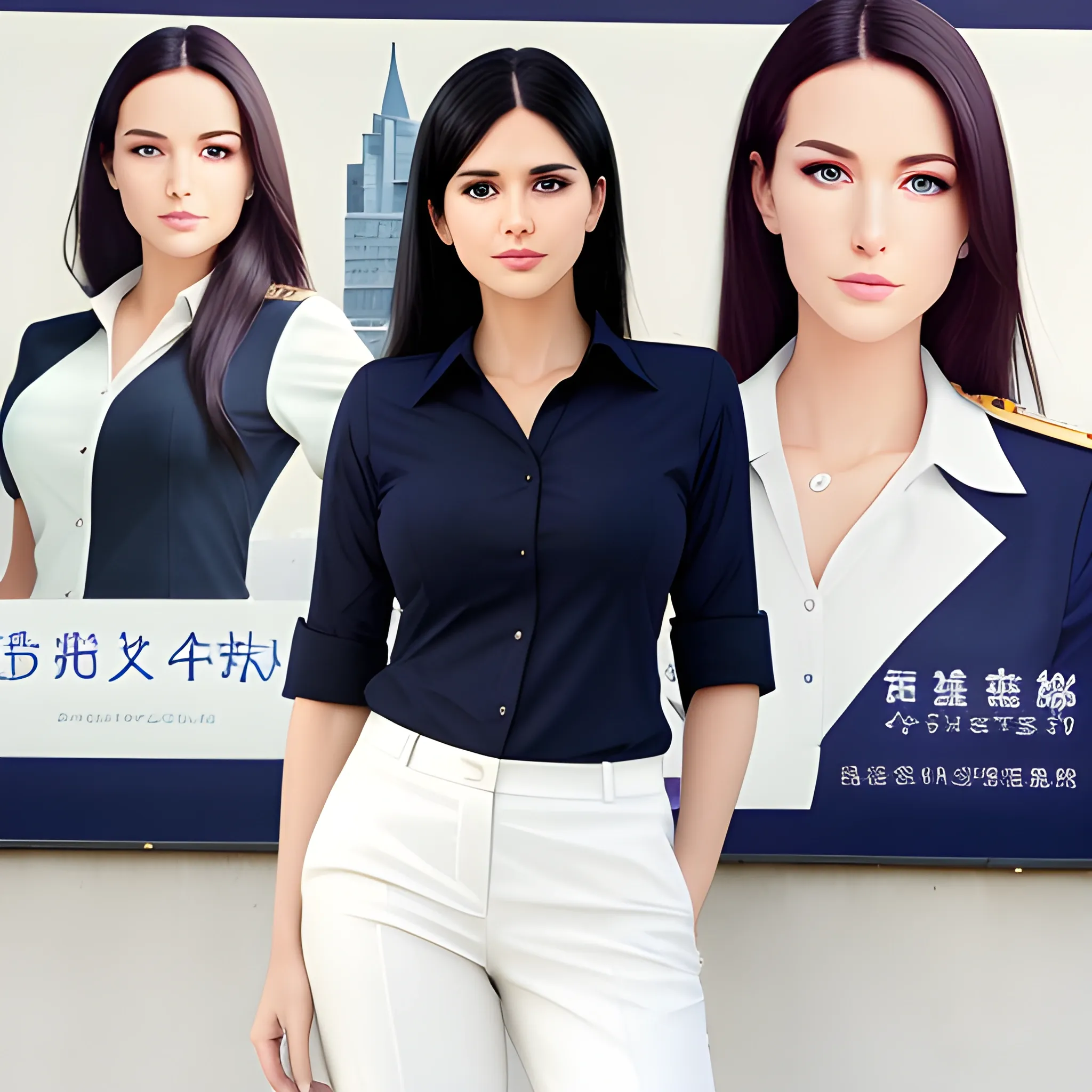 beautiful elegant women, standing in front of village advertising board, office uniform, navy shirt, cream pants, black hair, good hand, 4k, best quality, sharp focus, soft lighting, skinny,  1women, ideal body, slim fit, medium,  profesional model pose, face advanced, face detail, negative_hand-neg:1.2, 