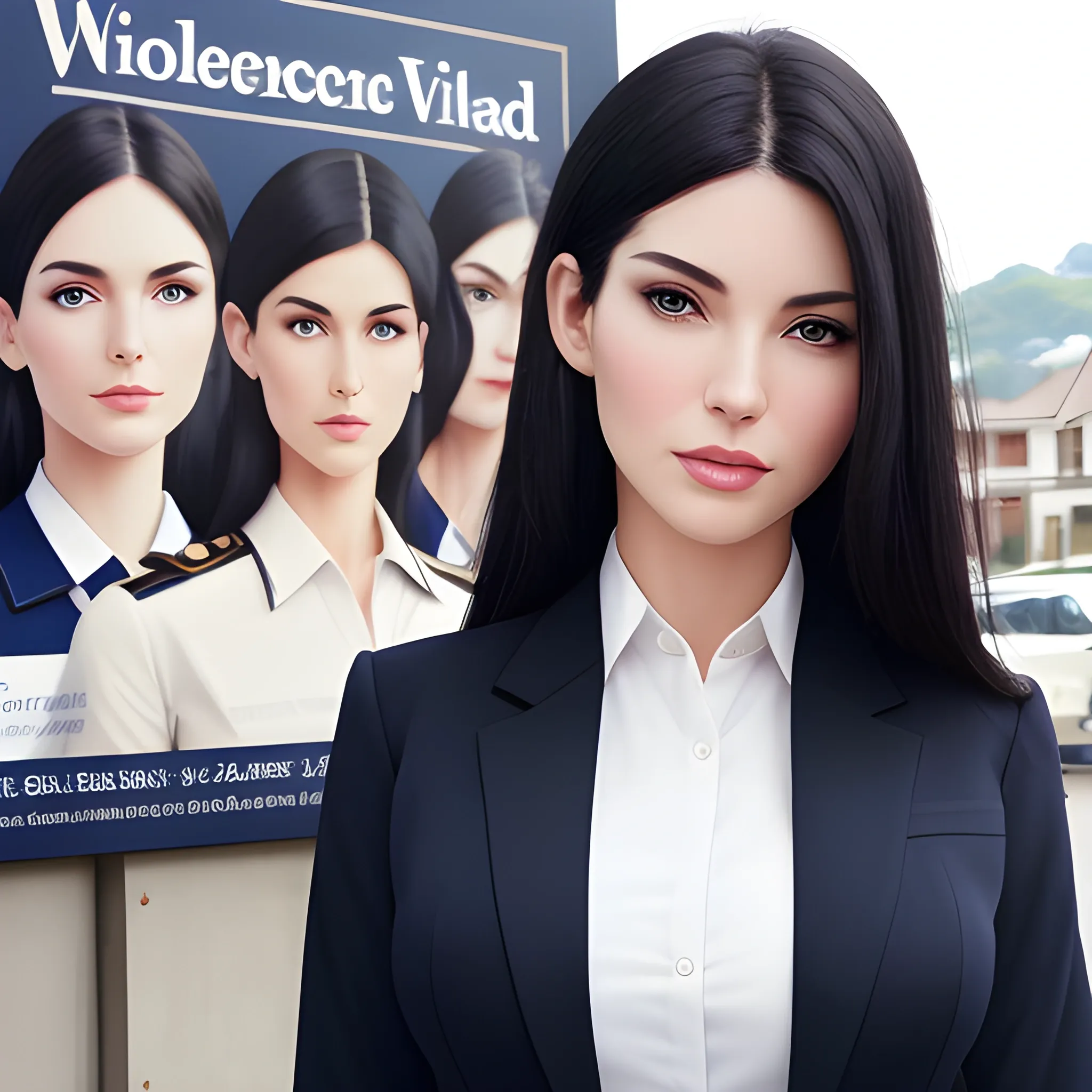 beautiful elegant women, standing in front of village advertising board, office uniform, navy shirt, cream pants, black hair, good hand, 4k, best quality, sharp focus, soft lighting, skinny,  1women, ideal body, slim fit, medium,  profesional model pose, face advanced, face detail, negative_hand-neg:1.2, 