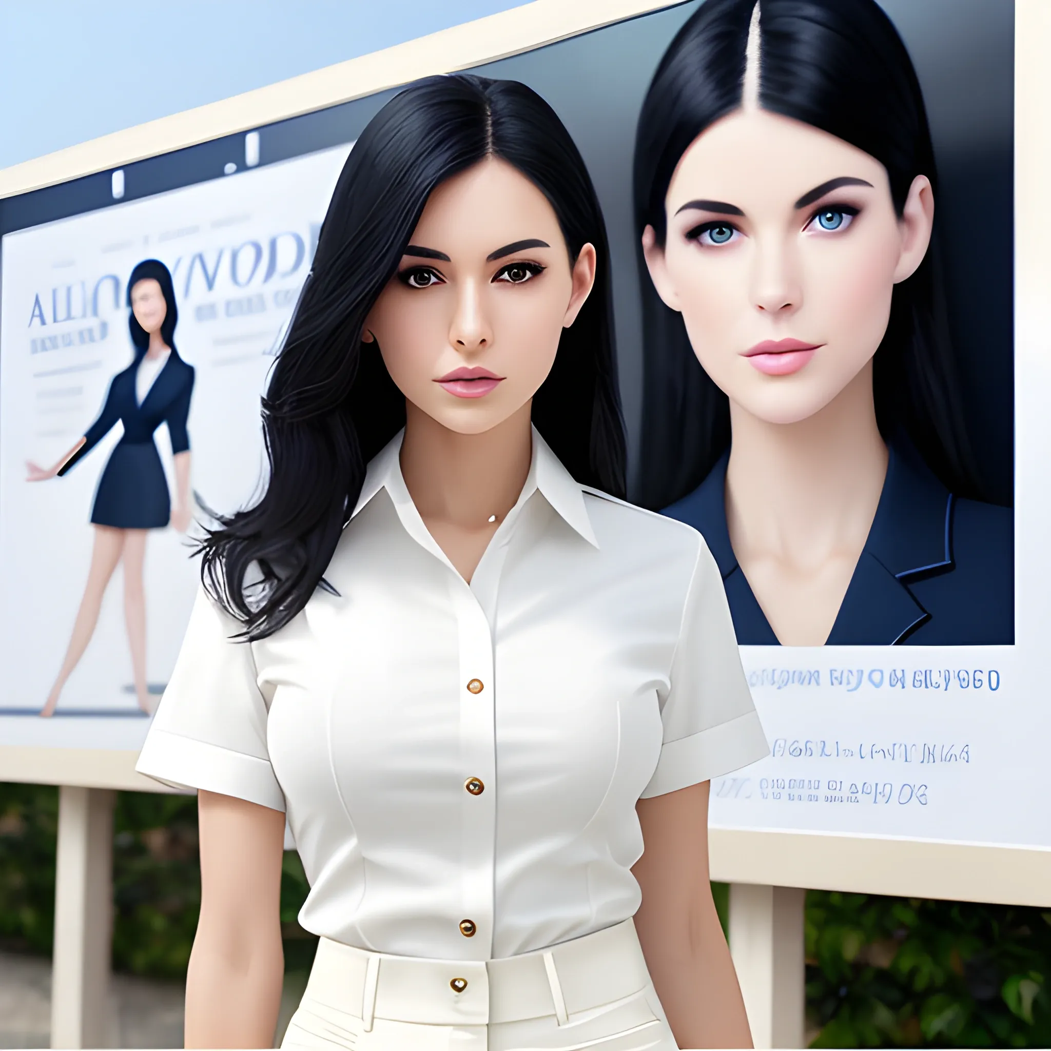 beautiful elegant women, standing in front of village advertising board, office uniform, navy shirt, cream pants, black hair, good hand, 4k, best quality, sharp focus, soft lighting, skinny,  1women, ideal body, slim fit, medium,  profesional model pose, face advanced, face detail, negative_hand-neg:1.2, 